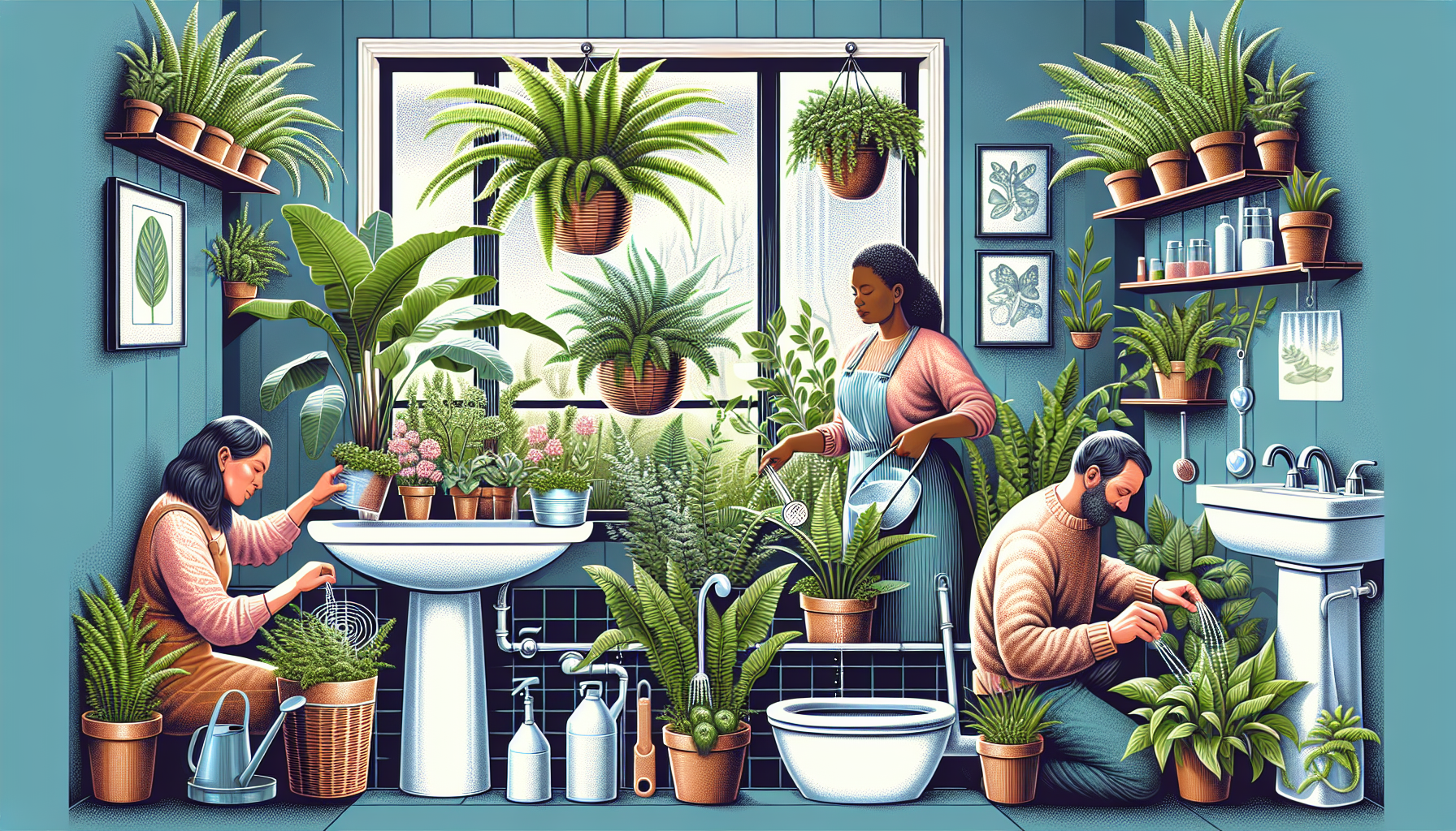 Eine Illustration, die die richtige Pflege von Badezimmerpflanzen zeigt