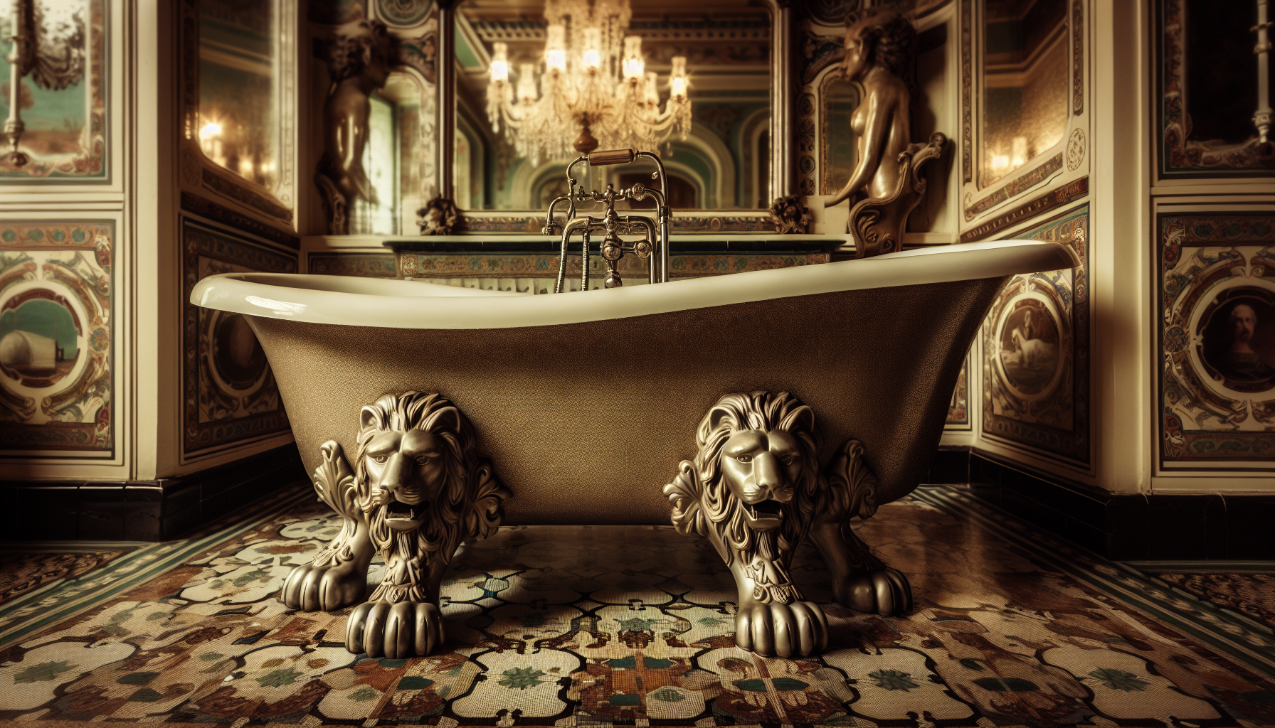 Eine künstlerische Darstellung einer freistehenden Badewanne mit Löwenfüßen im Retro-Stil