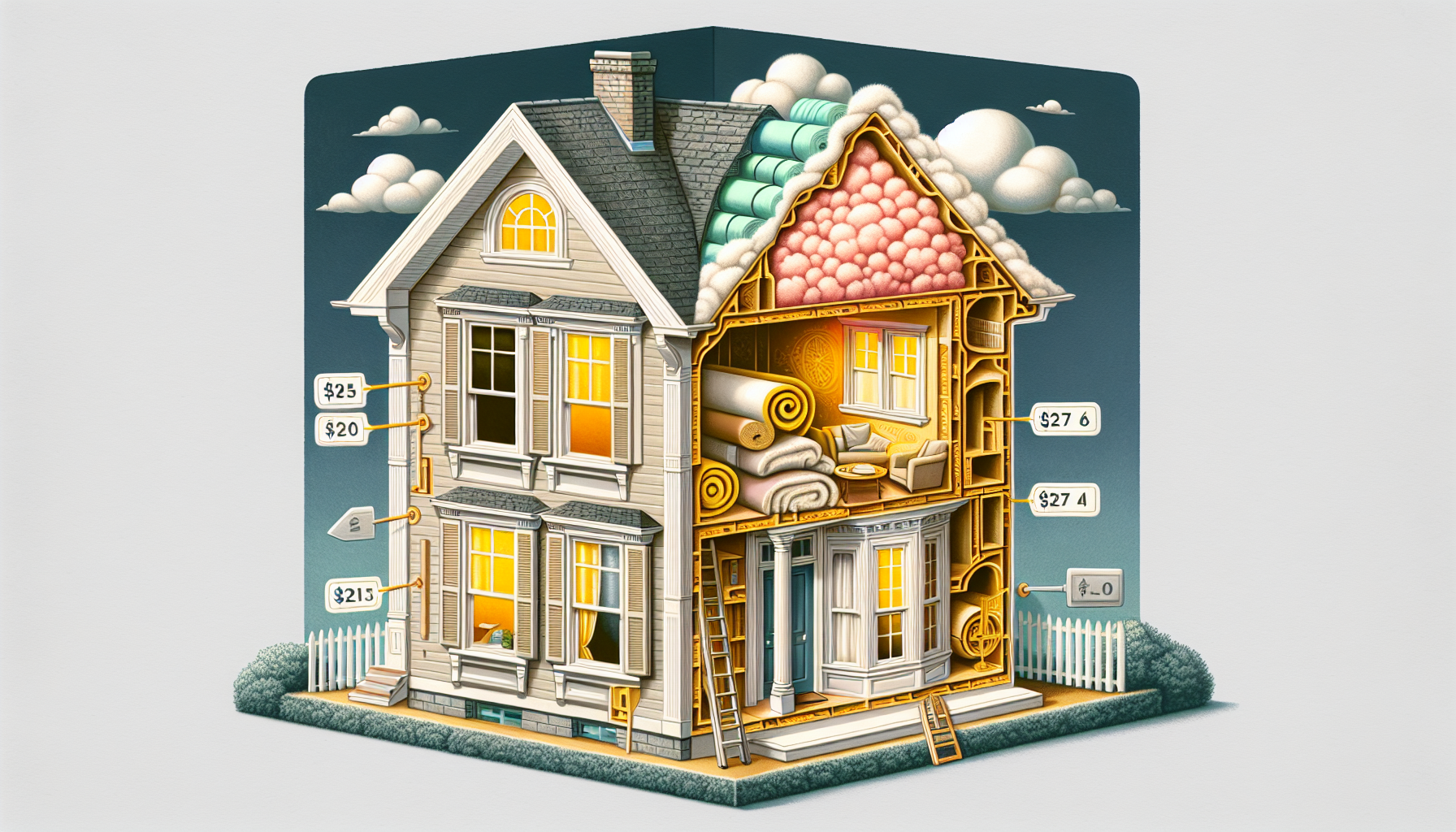 Illustration von Fensterrahmen, Dachdämmung und Fassadenfarbe
