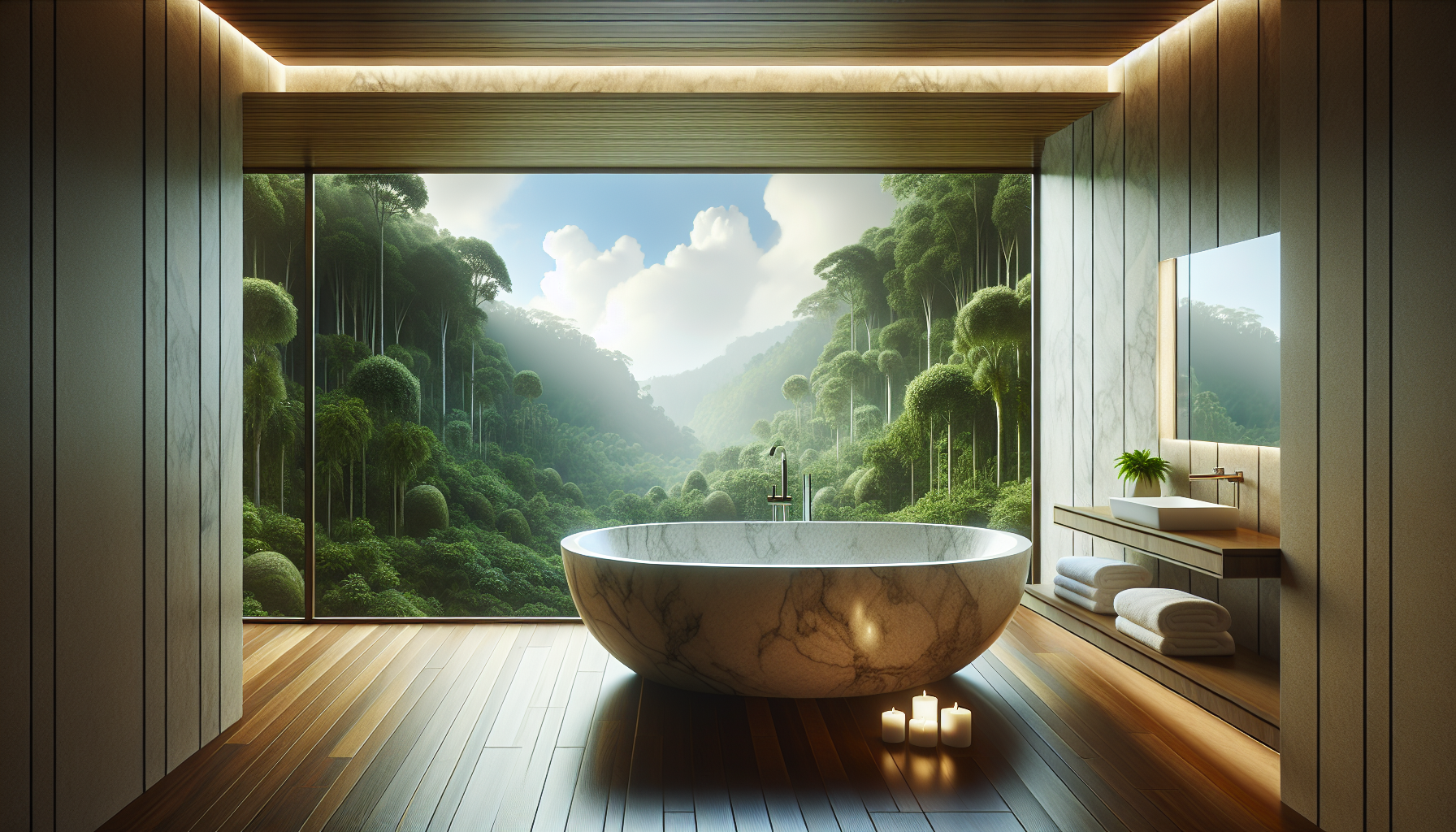 Freistehende Naturstein-Badewanne neben einem großen Fenster mit Blick auf die Natur