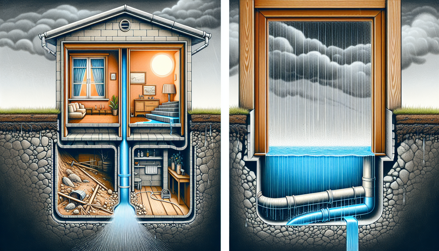 Ein Kunstwerk, das die Bedeutung eines funktionierenden Wasserablaufs bei Fenstern veranschaulicht