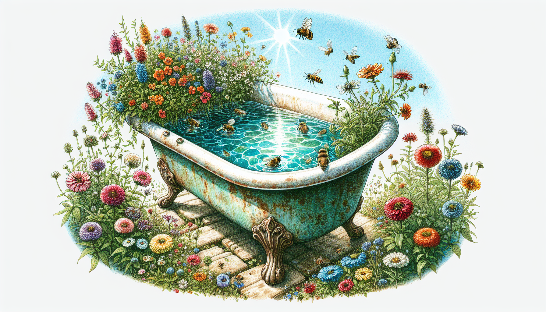 Alte Badewanne als Gartenteich mit Bienen und Vögeln