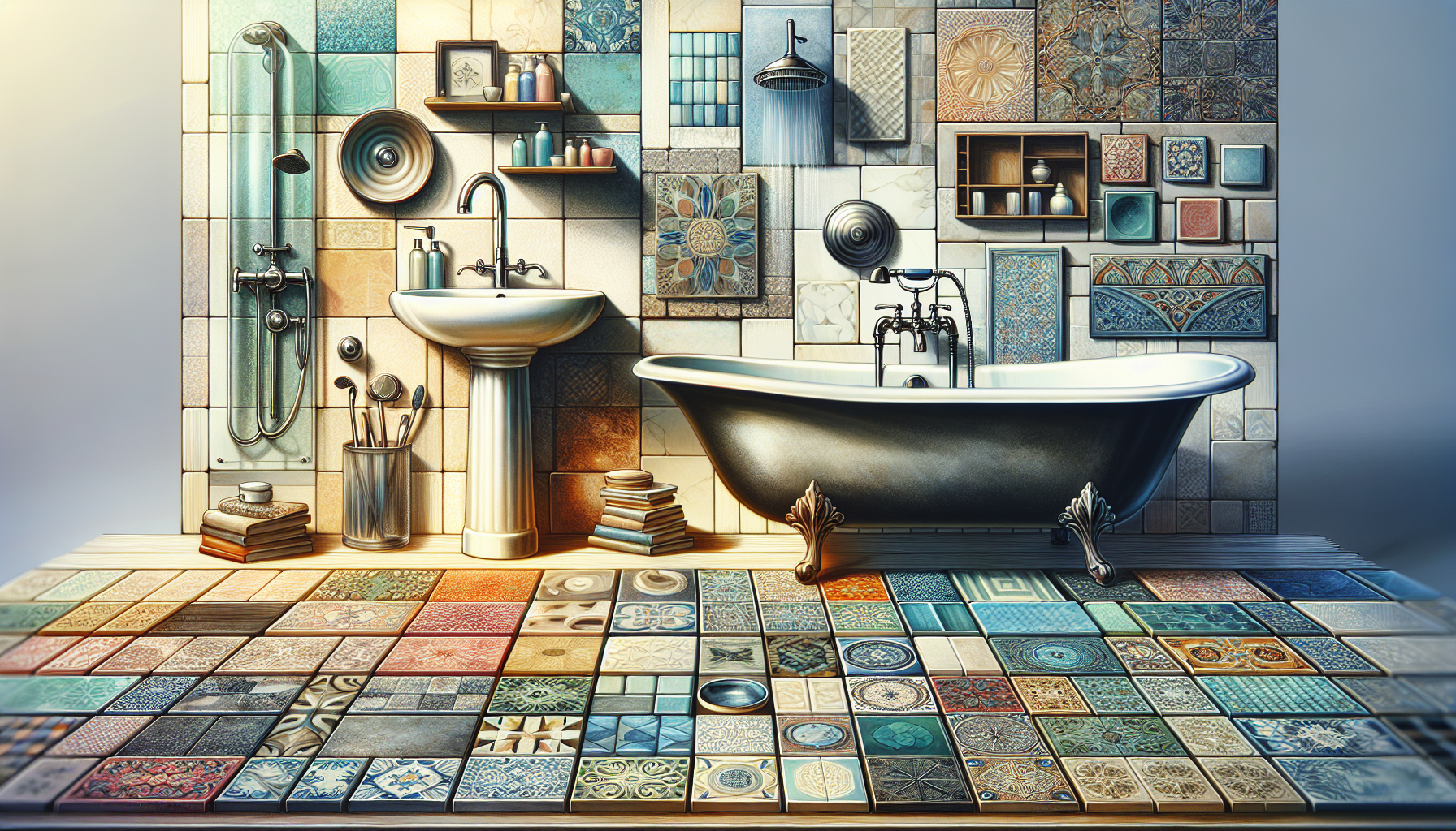 Illustration von verschiedenen Badezimmermaterialien und Ausstattungen
