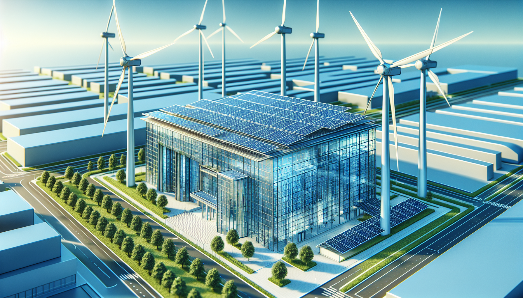 Illustration einer Gewerbeimmobilie mit erneuerbarer Energie