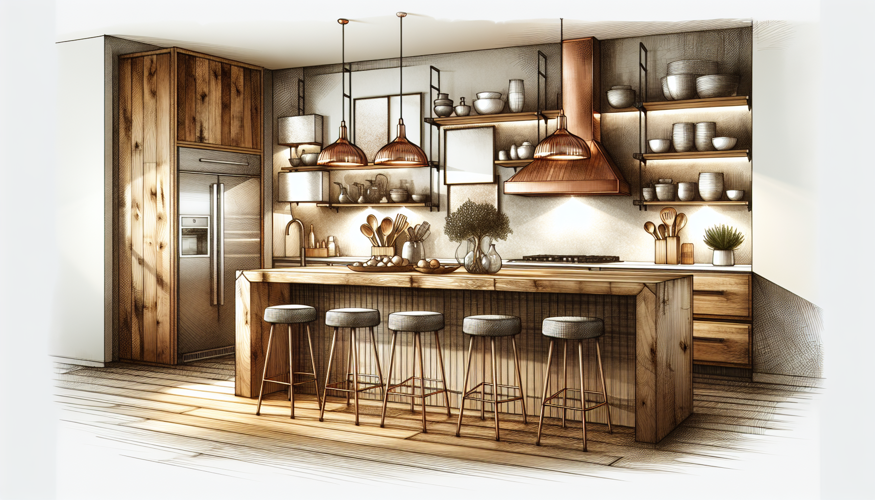 Moderne Küchengestaltung mit Holzelementen und gemütlichem Ambiente