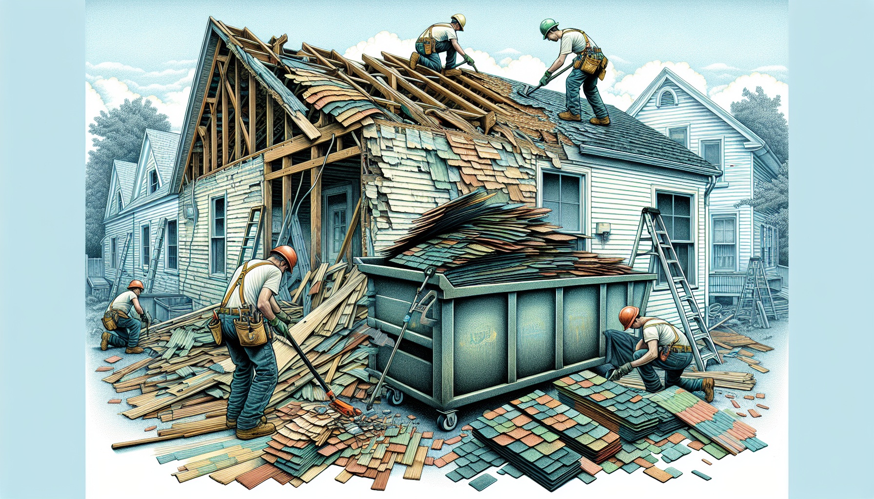Illustration der Abtragung und Entsorgung eines alten Daches