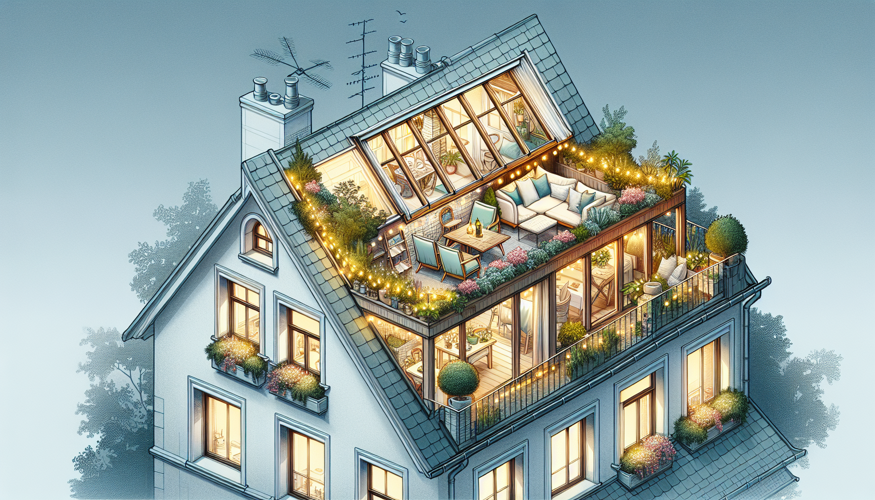 Illustration von Dachterrassen und -gauben als zusätzlicher Wohnraum