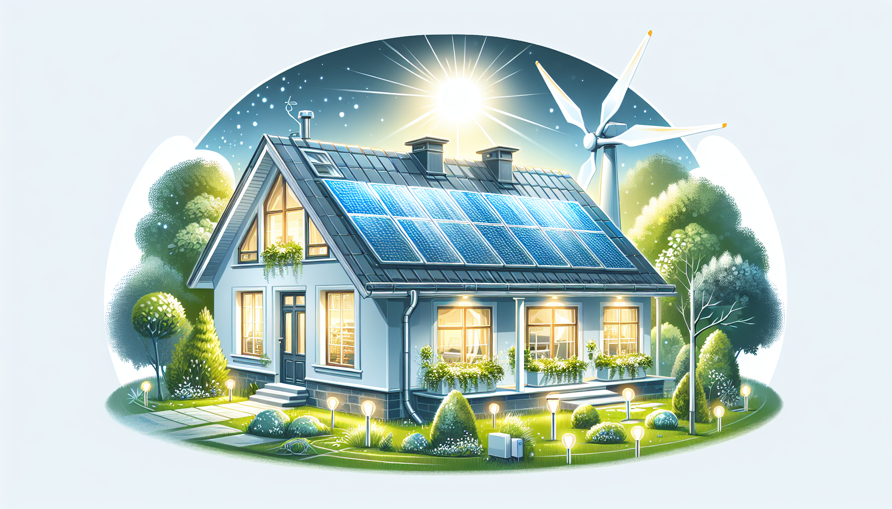 Illustration eines renovierten Hauses mit Solarpanelen auf dem Dach