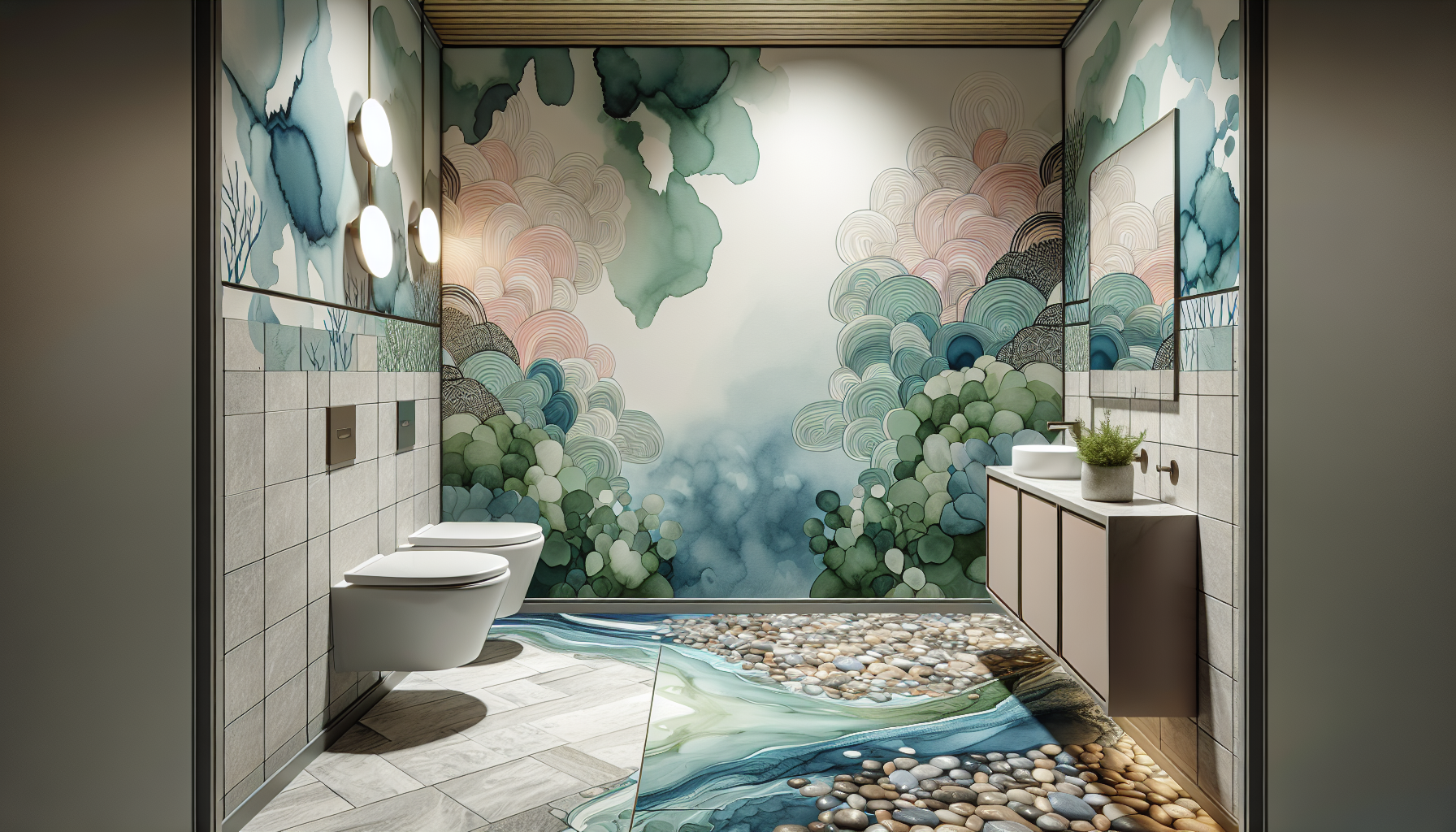 Wand- und Bodengestaltung. Ein kreatives Designkonzept für die Wand- und Bodengestaltung im Gäste-WC mit harmonischen Farben und Materialien.