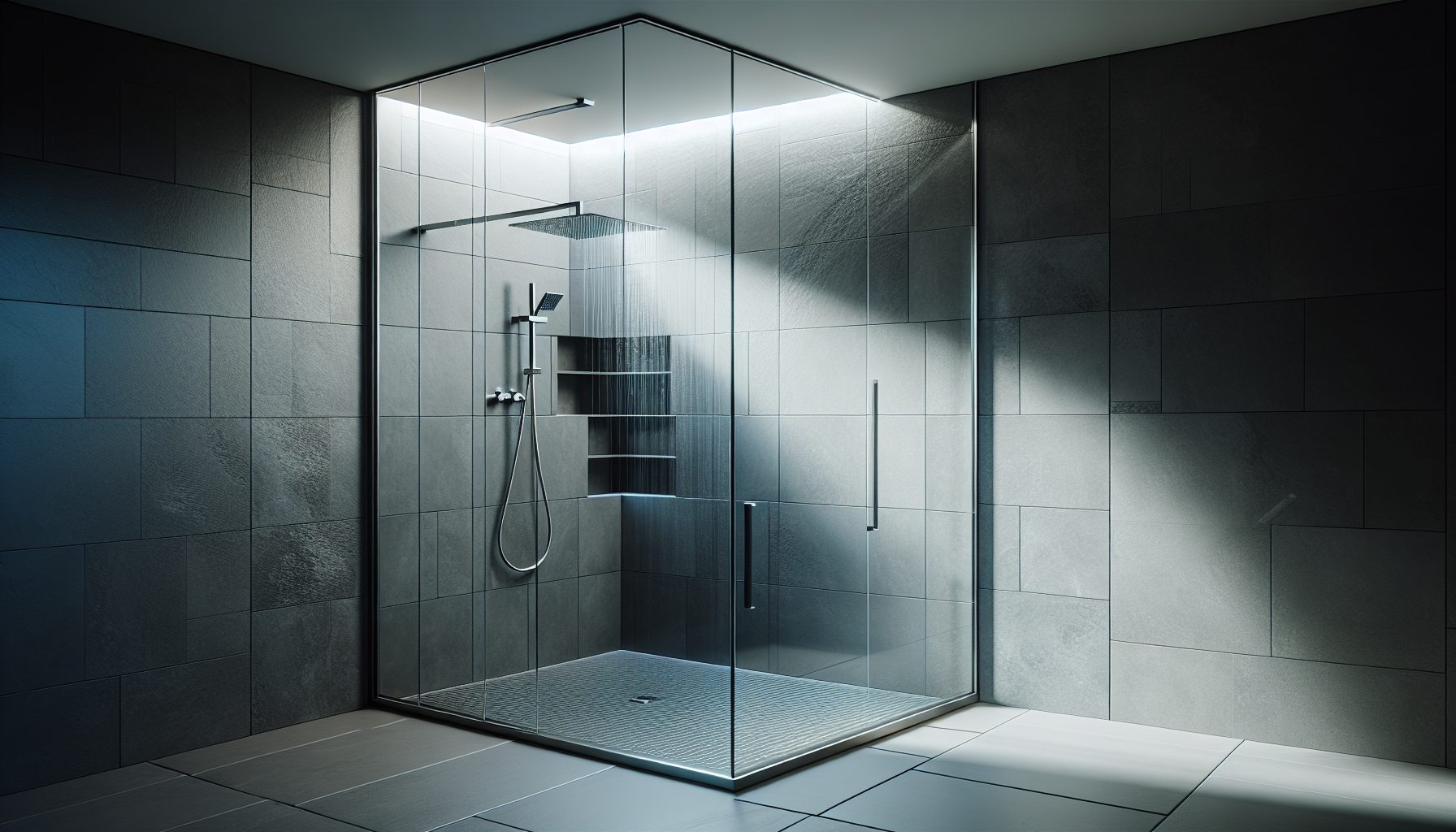 Moderne Walk-In-Dusche mit Glaswand und Schiebetür