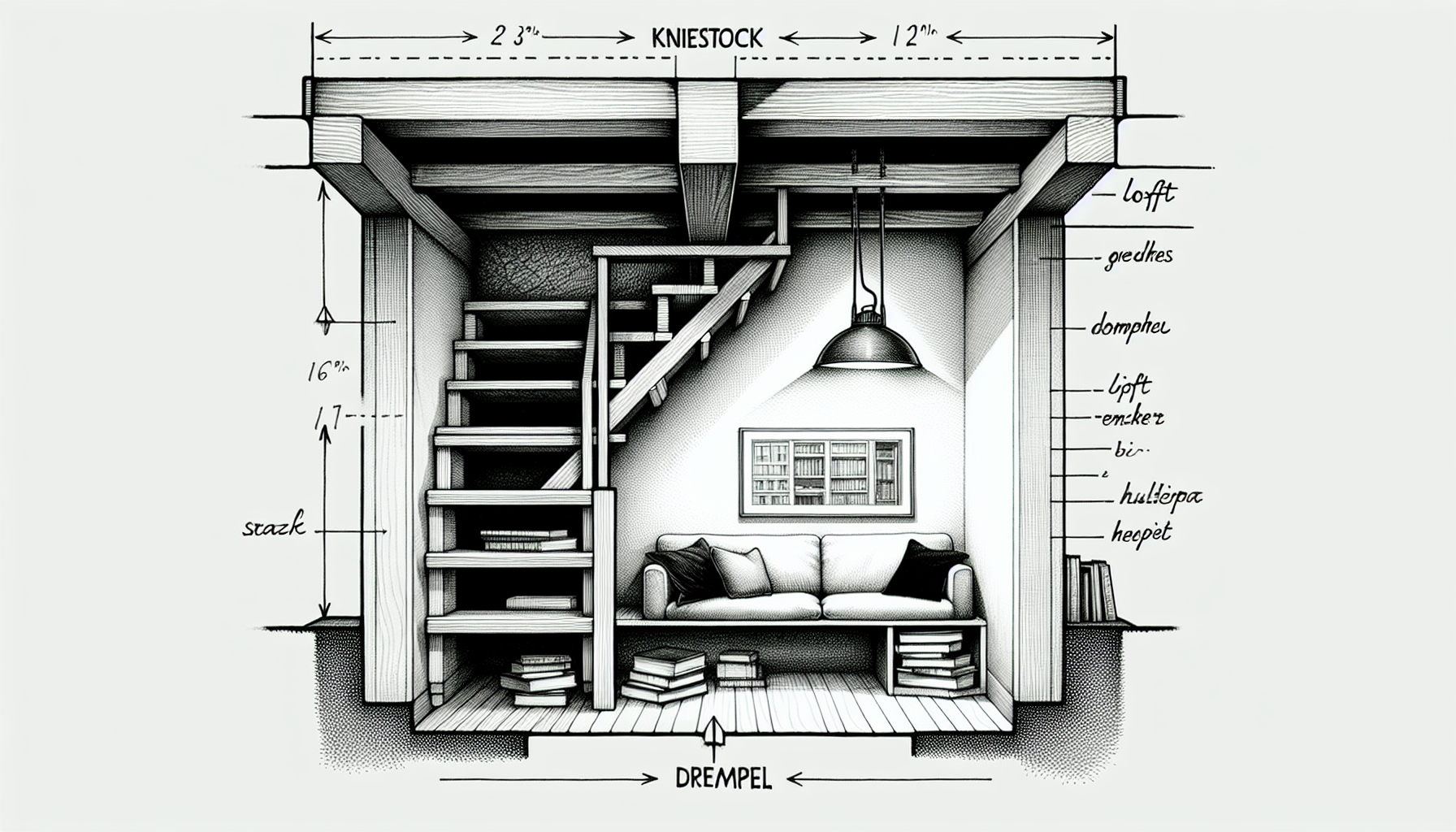 Illustration eines Dachgeschosses mit Kniestock und Drempel