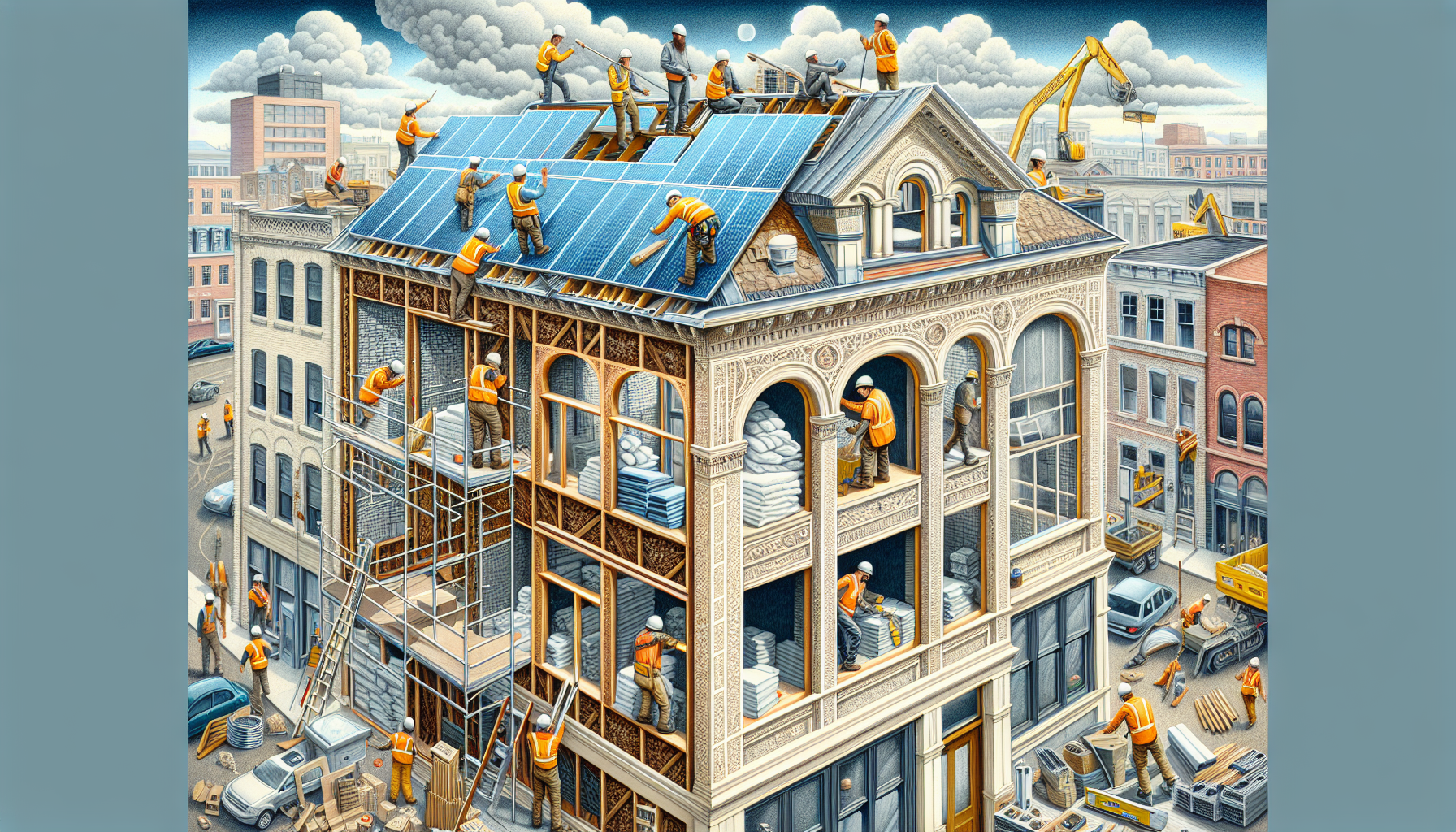 Illustration einer energetischen Sanierung eines Bestandsgebäudes
