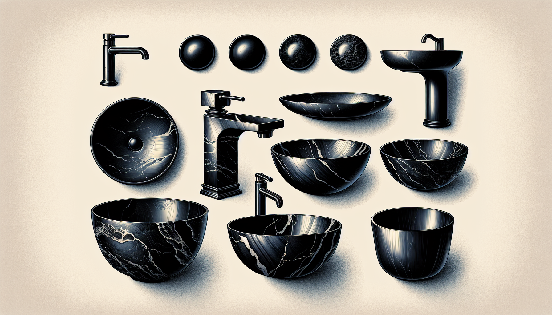 Verschiedene Materialien für schwarze Waschbecken: Keramik, Mattschwarz, Marmor und Edelstahl