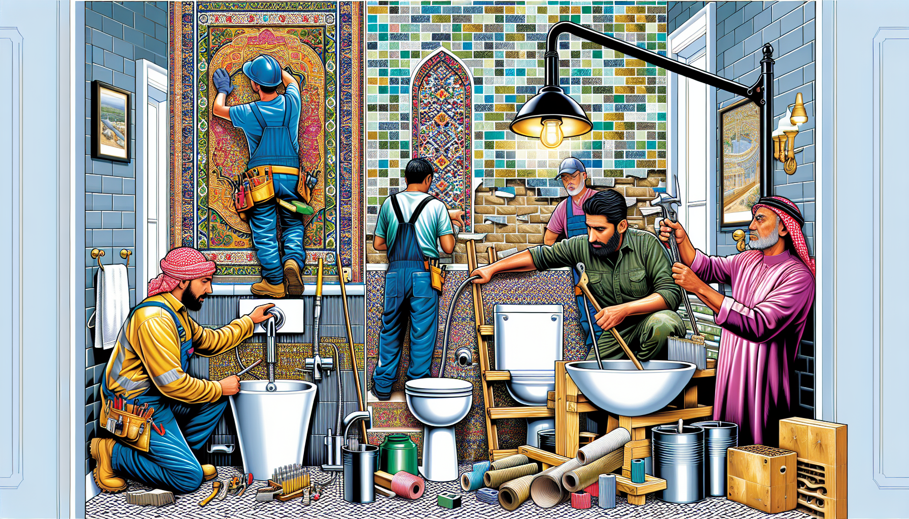 Badsanierung: Zuständigkeiten und Gewerke - Illustration von verschiedenen Handwerkern, die an einer Badsanierung beteiligt sind