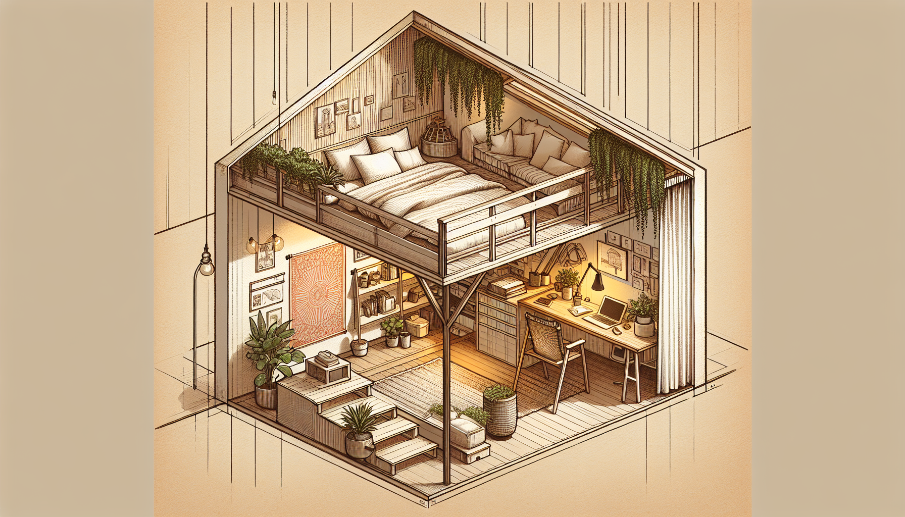 Illustration der Raumgestaltung und Möblierung im Dachgeschoss