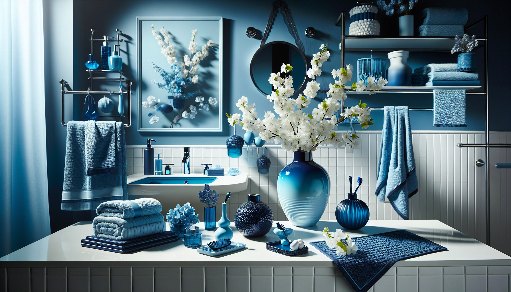 Blaue Badaccessoires und Textilien mit dekorativen Akzenten
