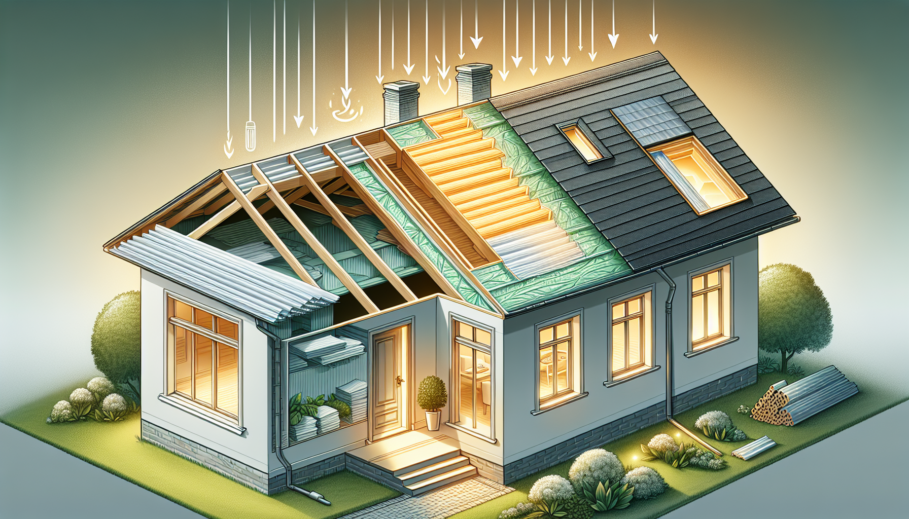 Illustration der energetischen Sanierung und Dämmung des Daches