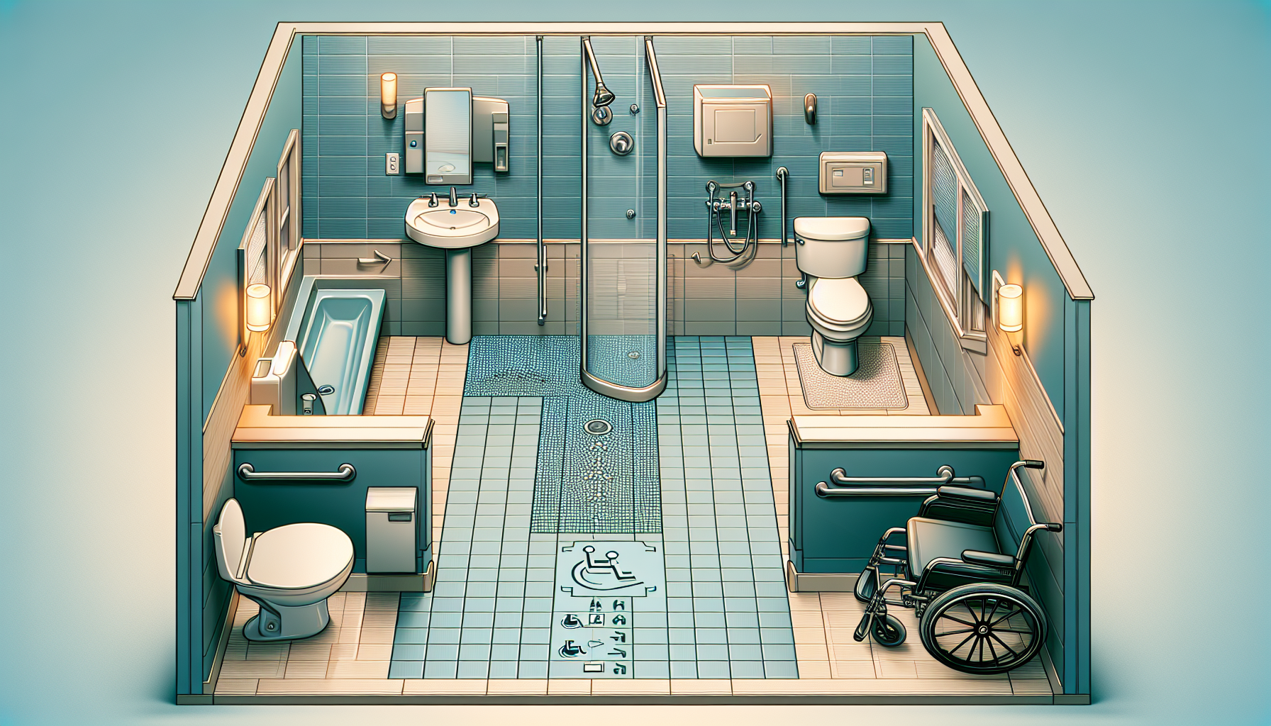 Illustration der Raumausnutzung und Anordnung im barrierefreien Badezimmer