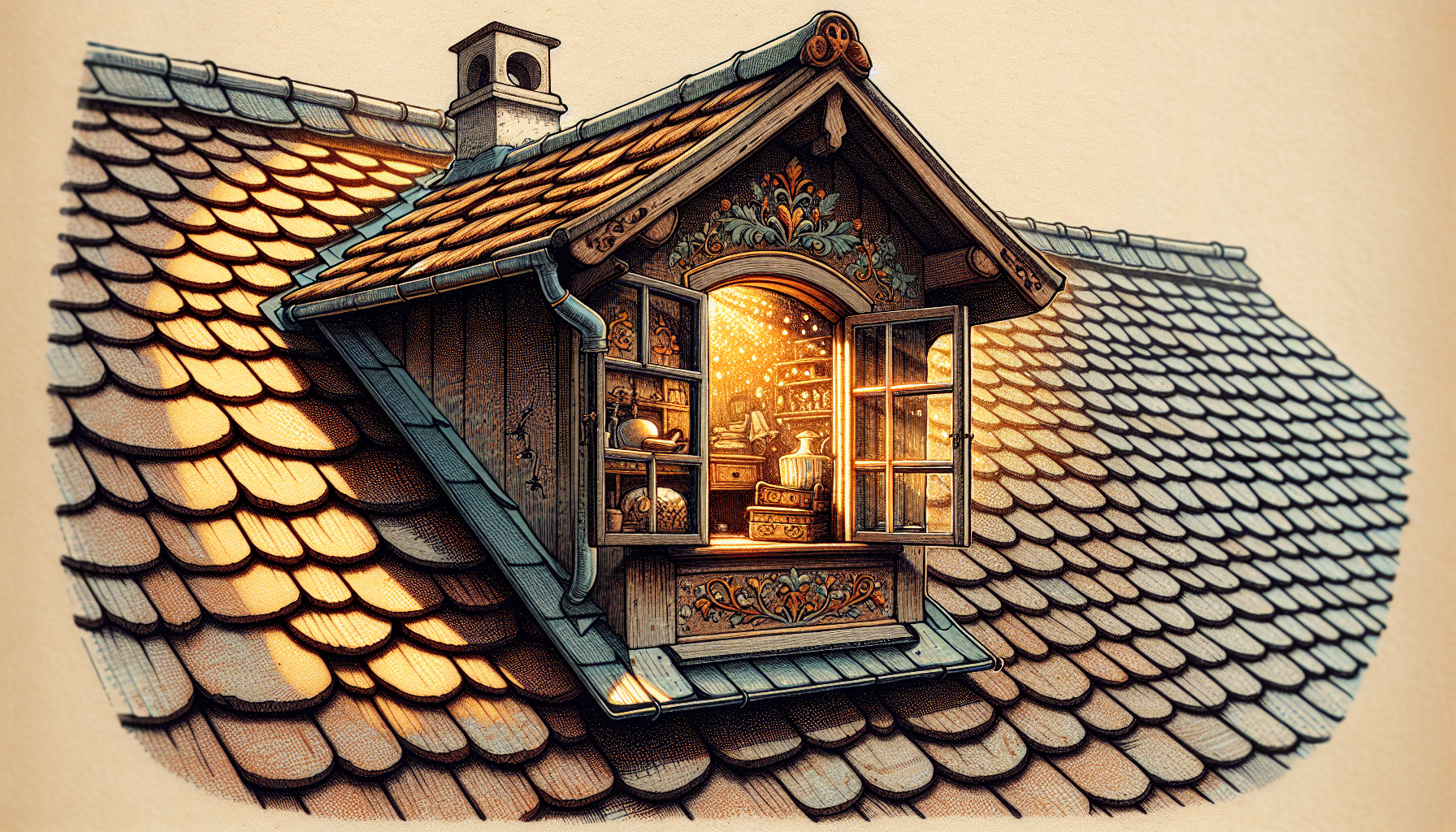 Illustration einer Dachgaube auf einem Dach mit Blick auf das Dachgeschoss