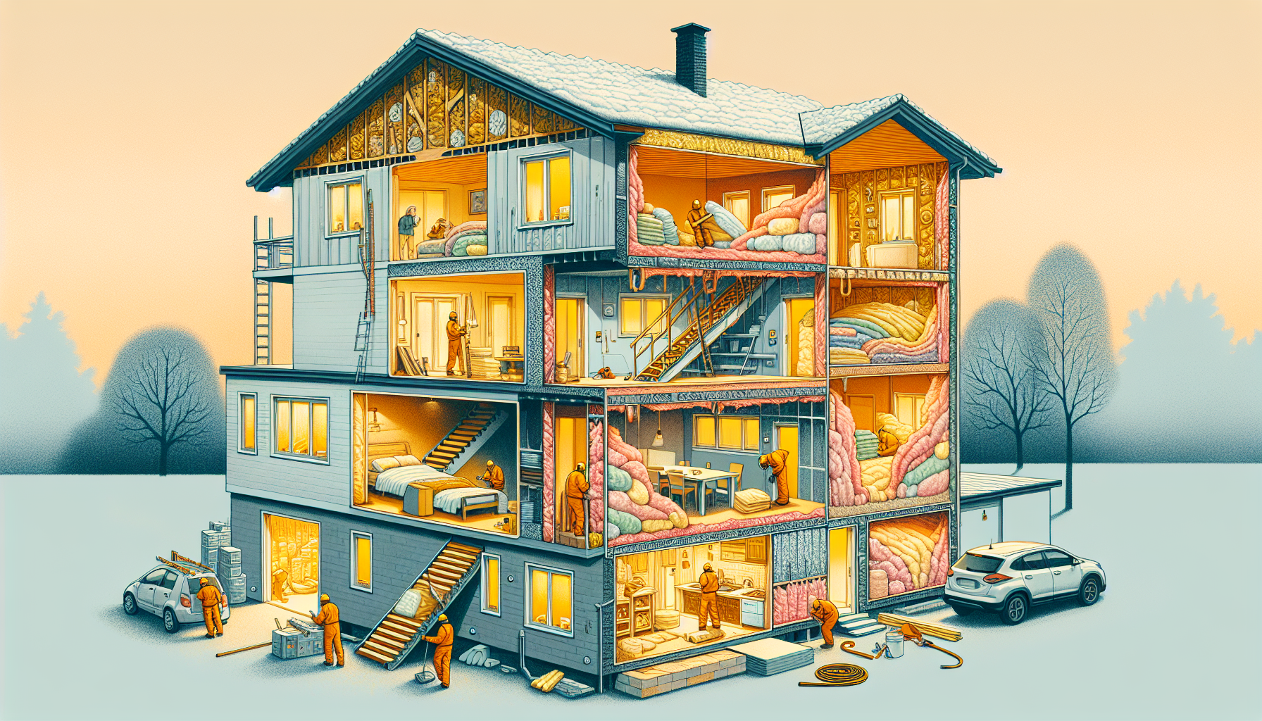 Dämmung (Fassade, Dach, Keller). Illustration von Dämmungsarbeiten an Fassade, Dach und Keller eines Mehrfamilienhauses