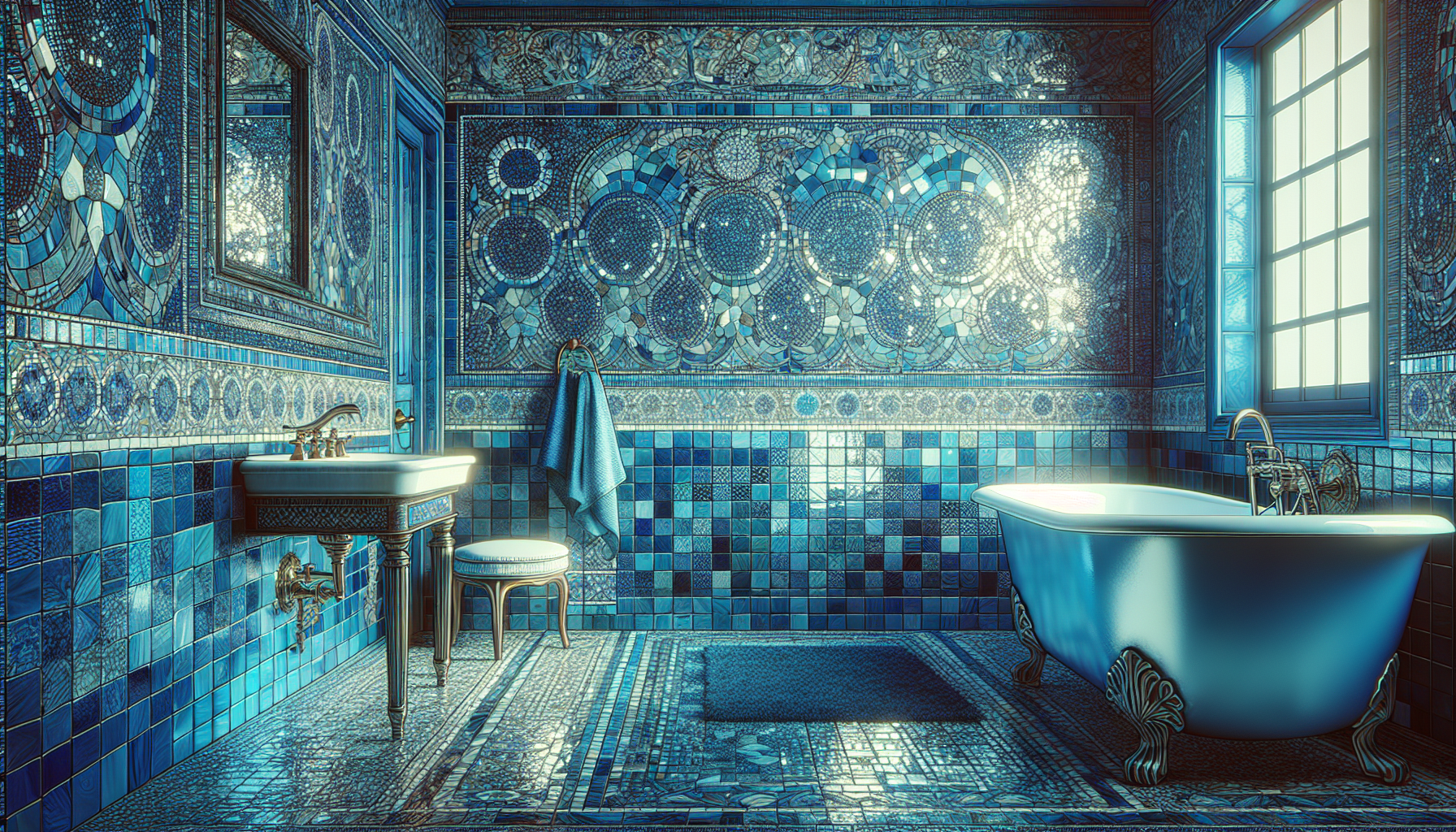 Klassische blaue Mosaikfliesen im Badezimmer