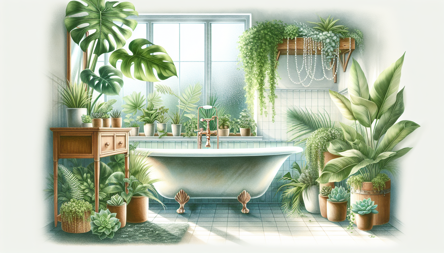 Eine Illustration von grünen Zimmerpflanzen in einem Badezimmer