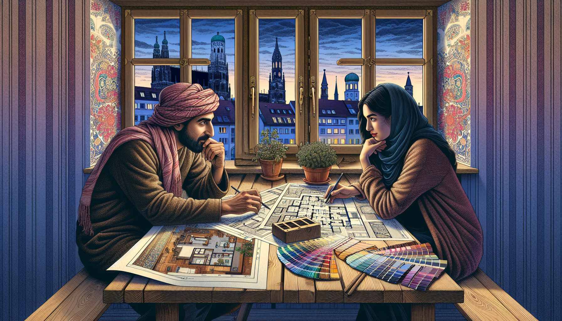 Eine Illustration eines Paares, das Pläne für die Renovierung ihrer Wohnung in München diskutiert