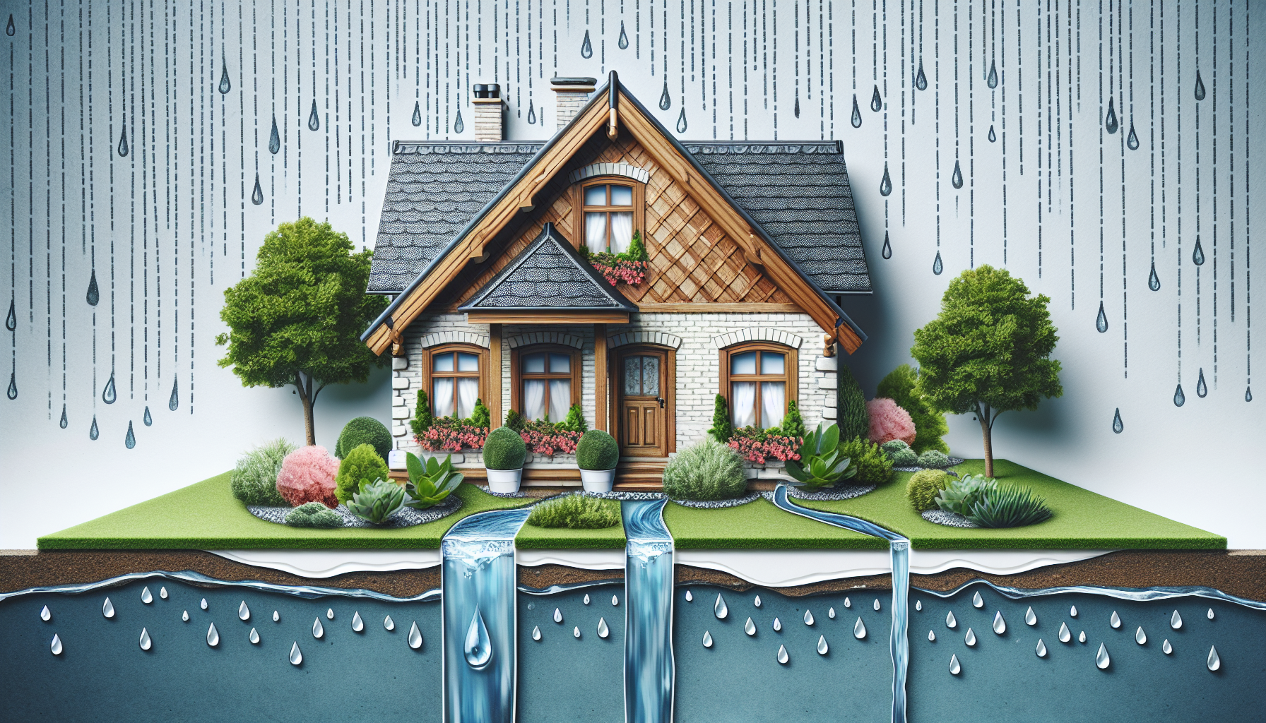 Ein kreatives Kunstwerk, das praktische Tipps zur Optimierung des Wasserablaufs für Eigenheimbesitzer verdeutlicht