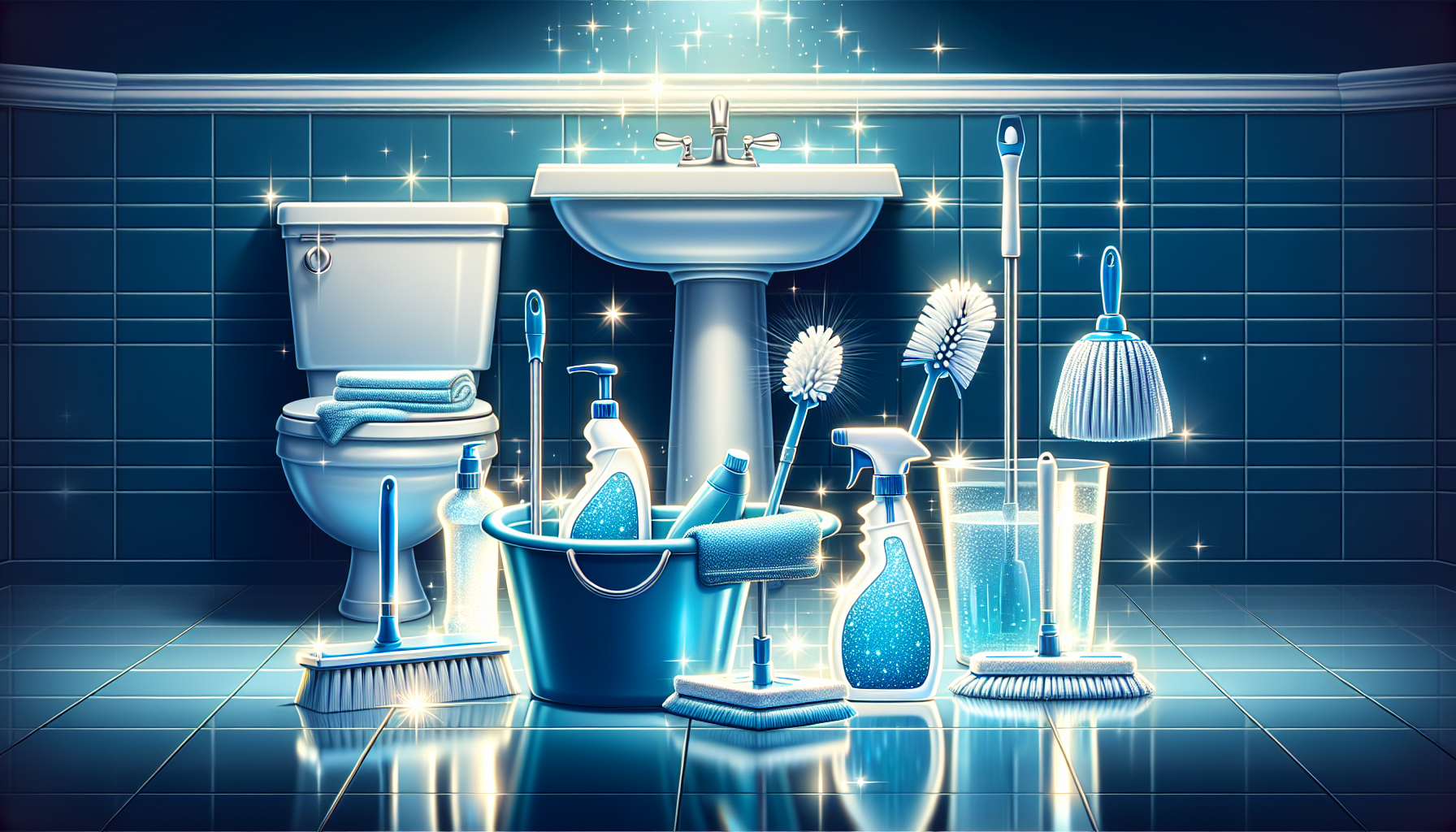 Reinigungsmittel und Utensilien für die Pflege eines blauen Badezimmers