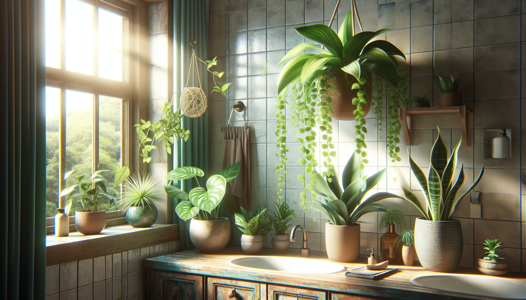 Eine künstlerische Darstellung von Herzblatt-Pflanze, Tillandsien, Korbmarante und anderen Pflanzen für helle Badezimmer