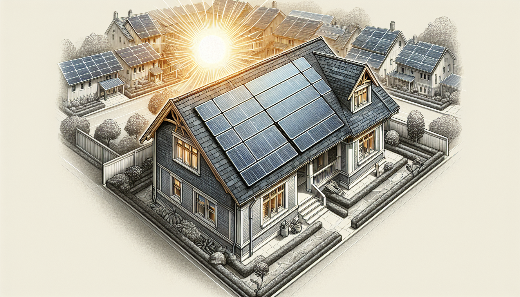 Dachsanierung und Photovoltaik: Eine gewinnbringende Verbindung - Illustration eines Hauses mit Solaranlagen auf dem Dach