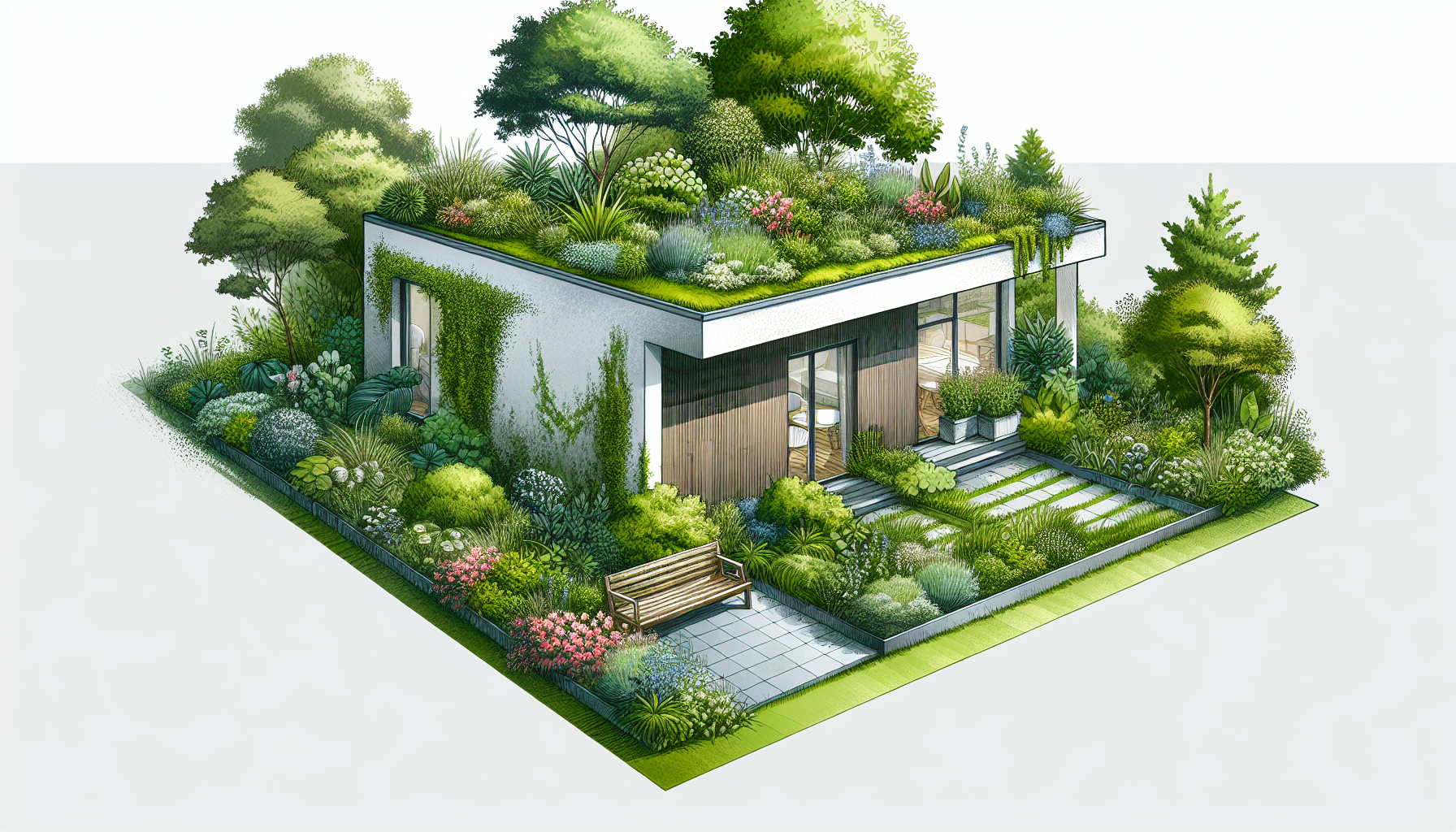 Illustration eines Hauses mit einem Flachdach und einem Garten auf dem Dach