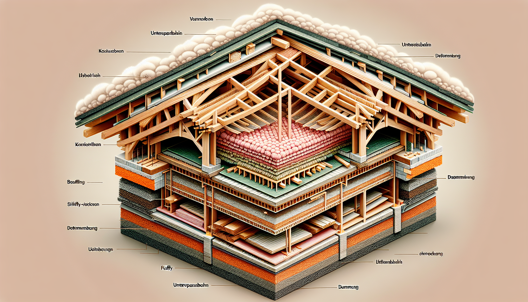 Dachkonstruktion mit Unterspannbahn und Dämmung