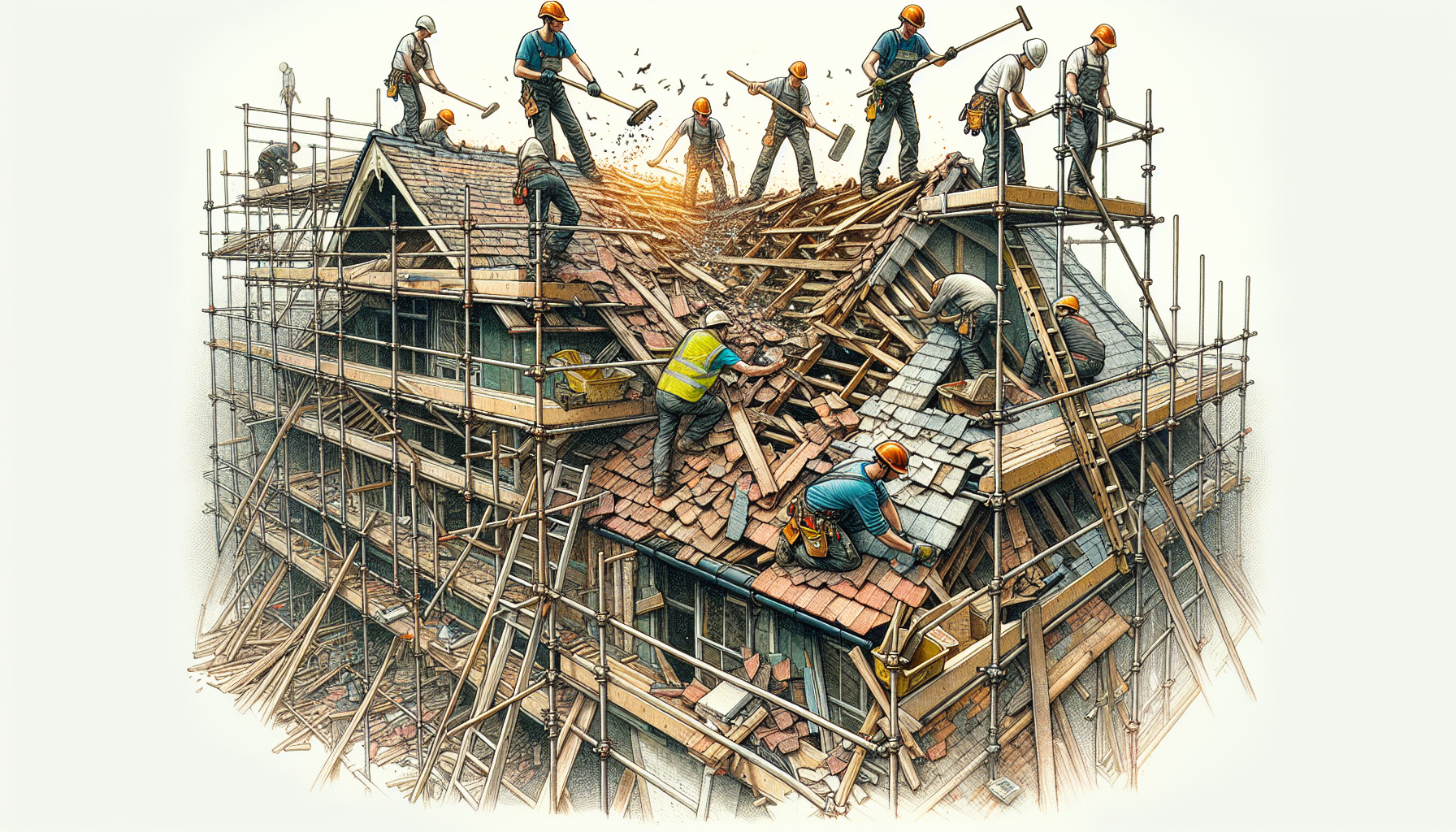 Illustration des Abbaus eines alten Satteldachs mit Bauarbeitern und Gerüsten
