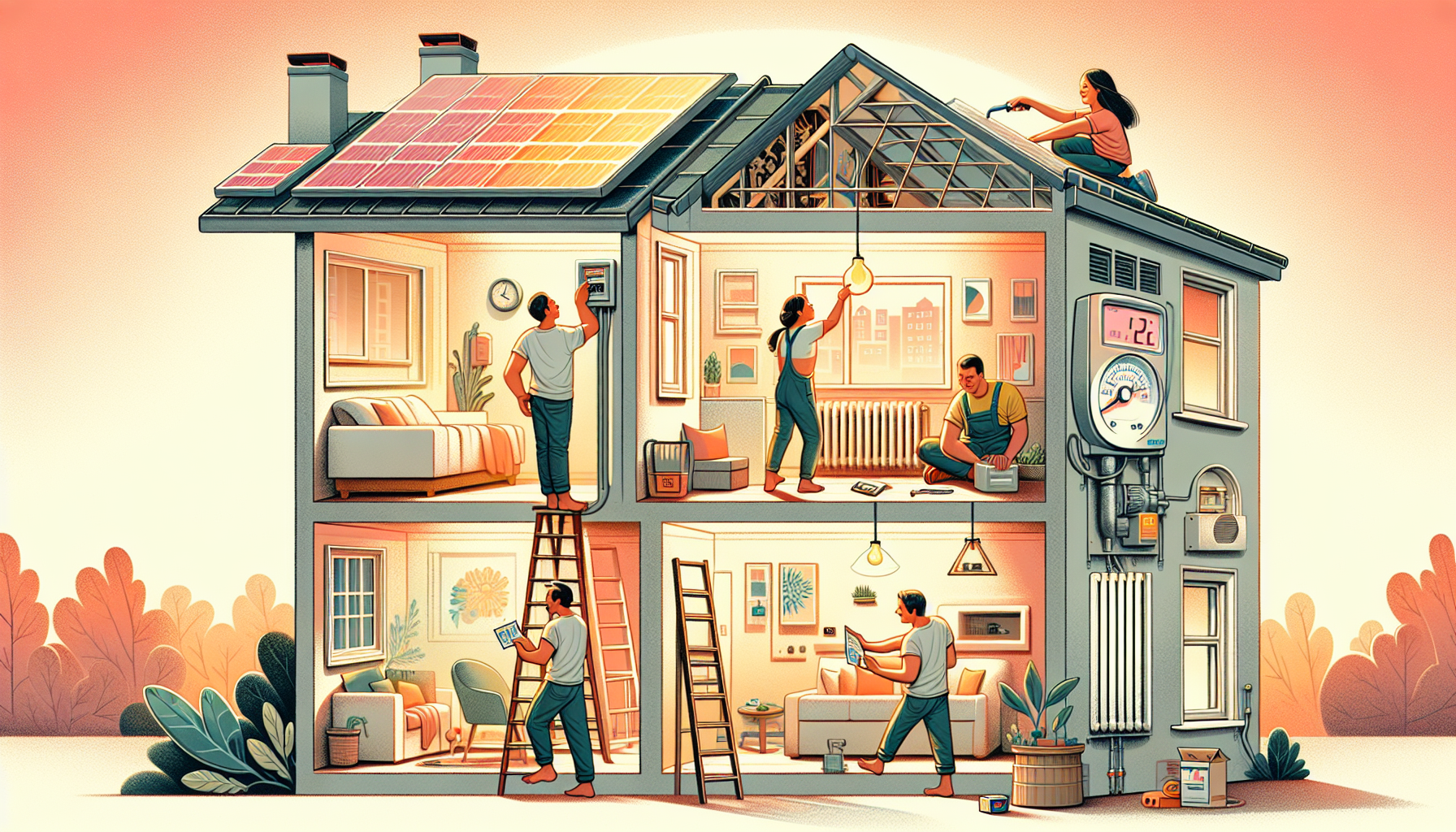 Illustration einer energetischen Sanierungsmaßnahme in einer Wohnung
