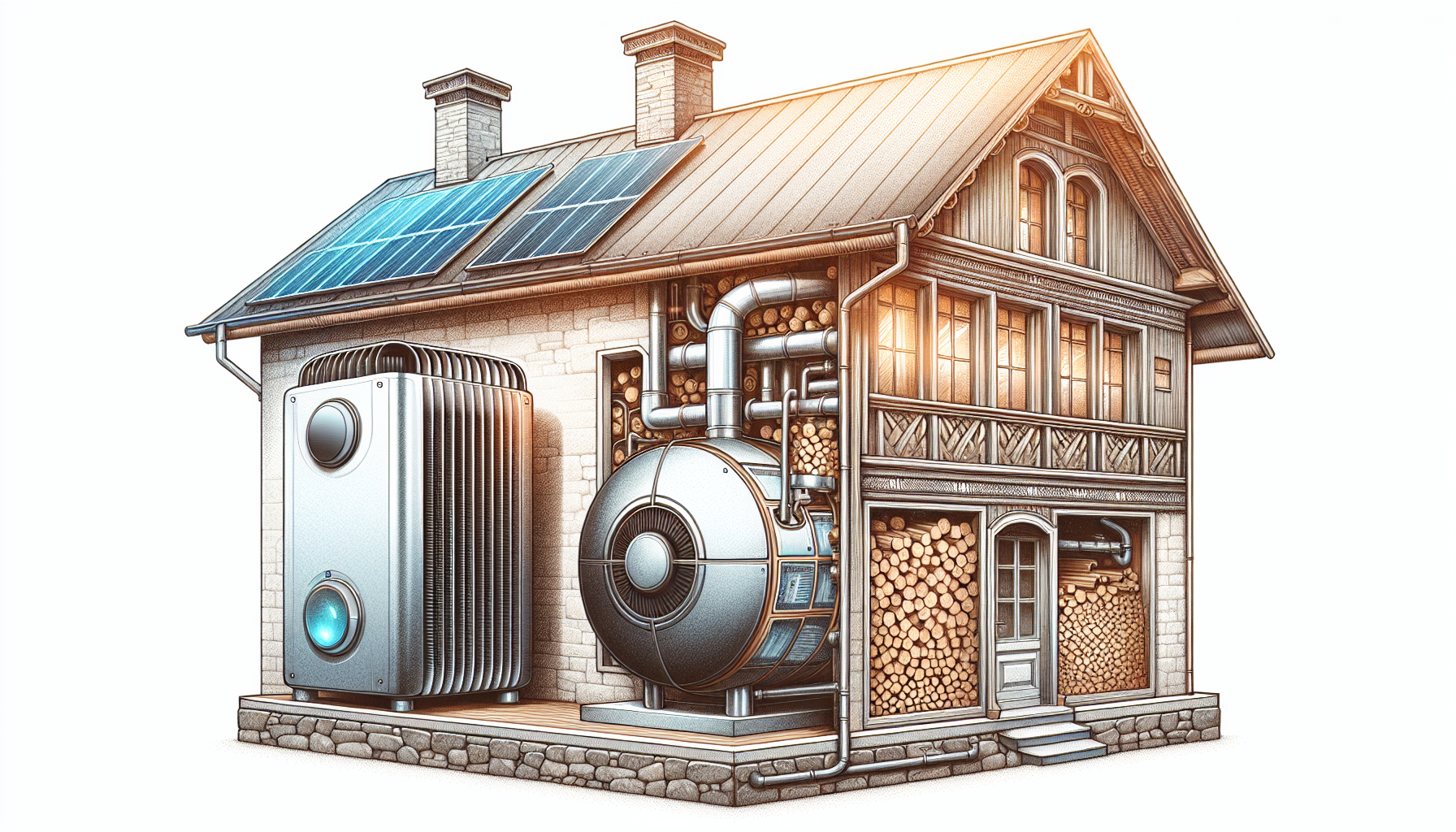 Illustration einer Wärmepumpe und einer Biomasseheizung zur Nutzung erneuerbarer Energien