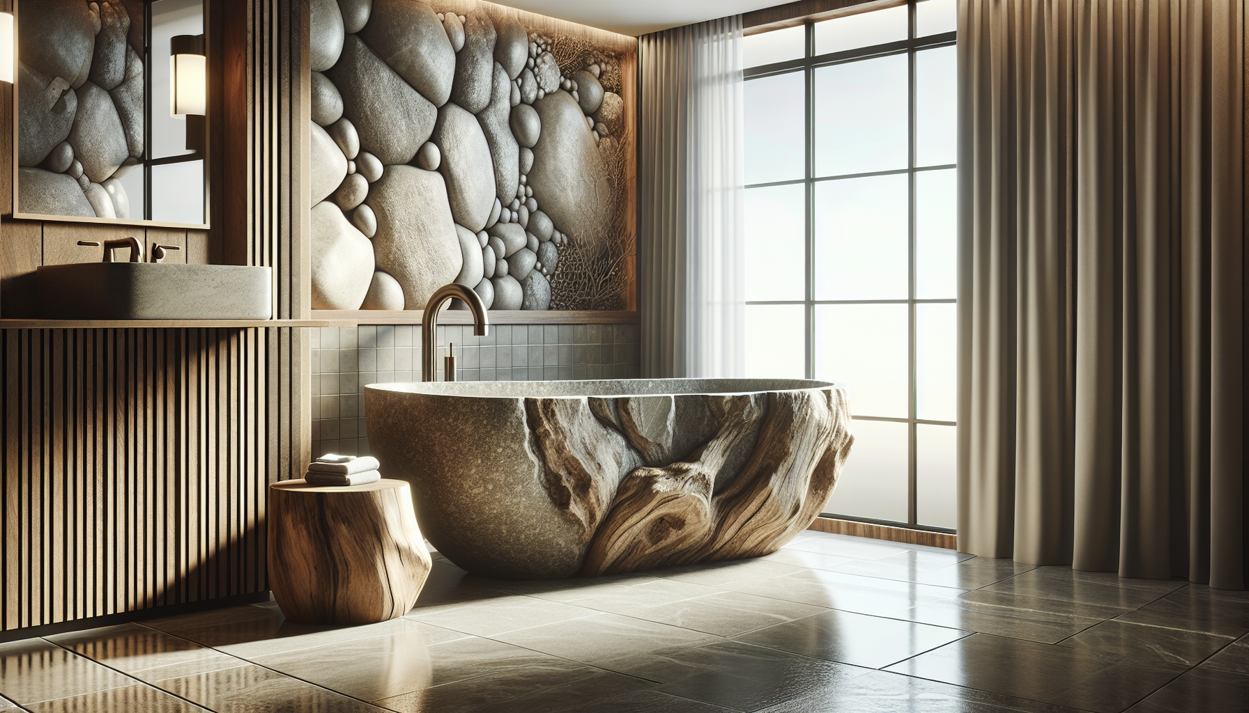Rustikale Flussstein-Badewanne in einem stilvollen Badezimmer