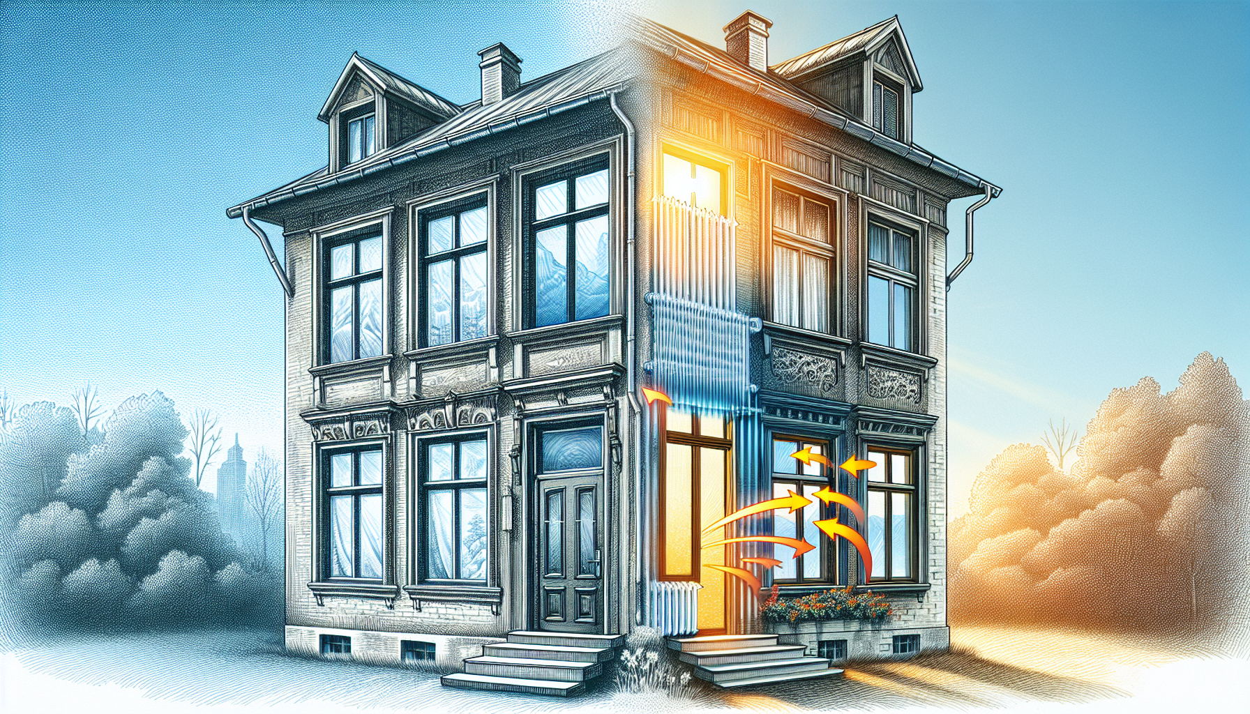 Fenstertausch. Illustration des Austauschs von alten Fenstern gegen moderne energieeffiziente Fenster in einem Mehrfamilienhaus