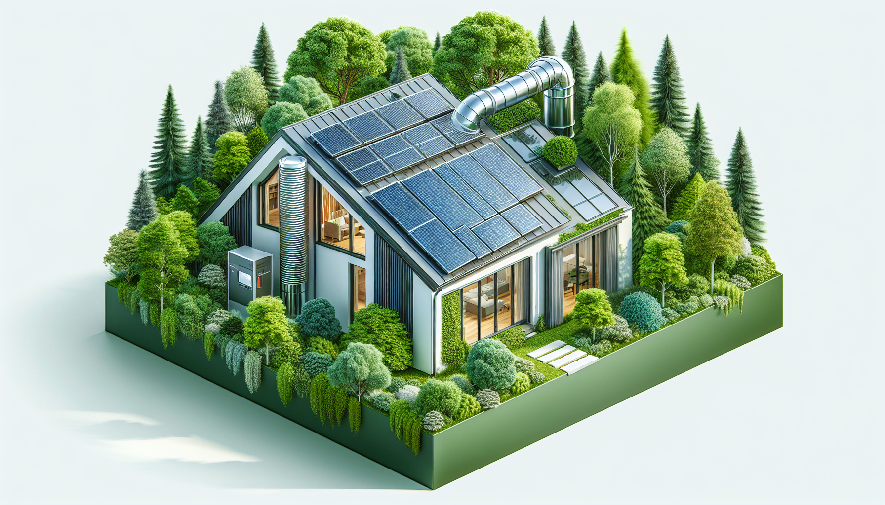 Illustration eines energieeffizienten Hauses mit Solaranlage und Wärmerückgewinnung