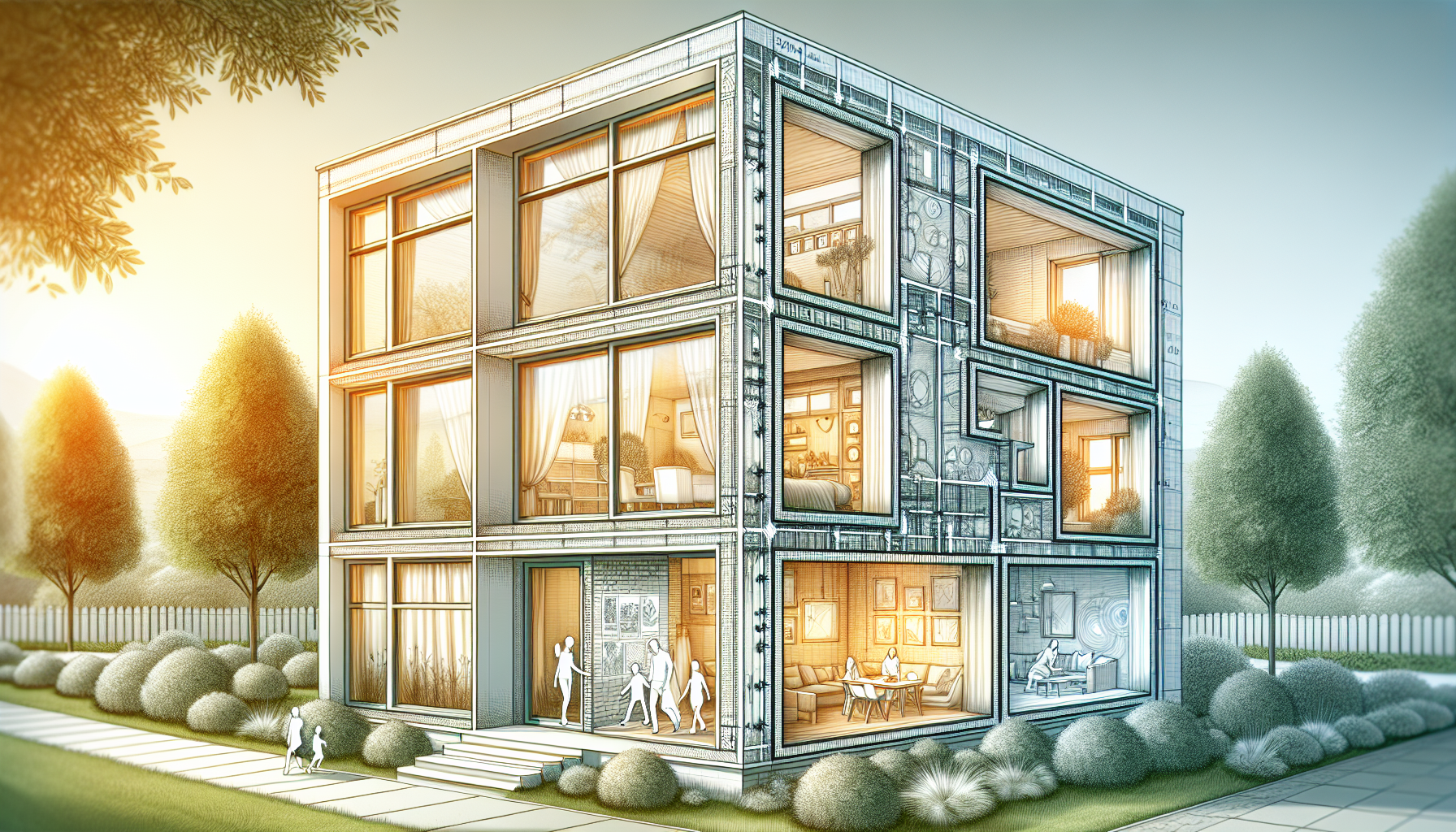 Wohnkomfort erhöhen. Illustration von modernen Fenstern und verbesserter Dämmung in einem Mehrfamilienhaus