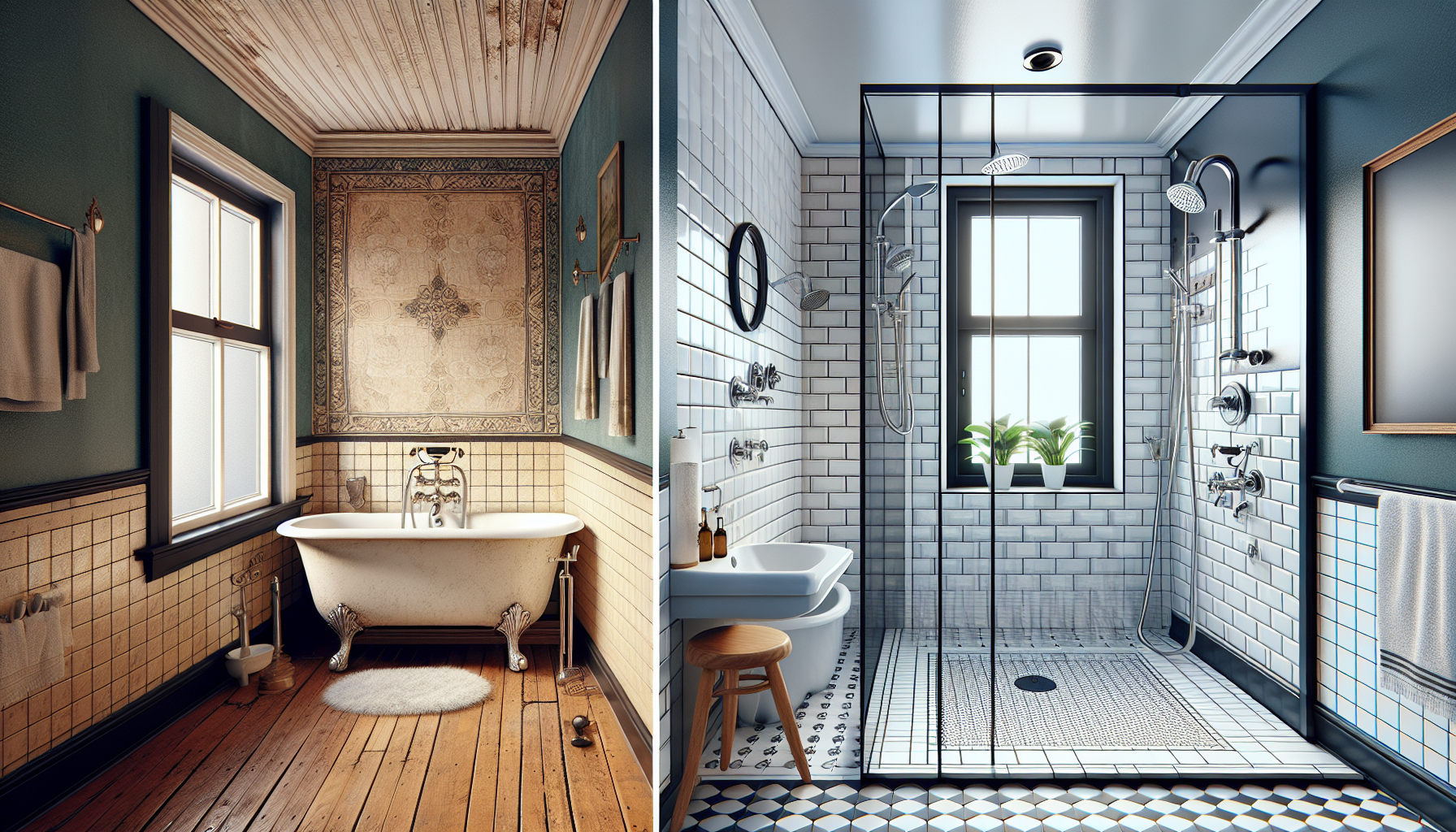 Vorher-Nachher-Bild einer Badezimmerumwandlung von einer Badewanne zu einer modernen Walk-In-Dusche