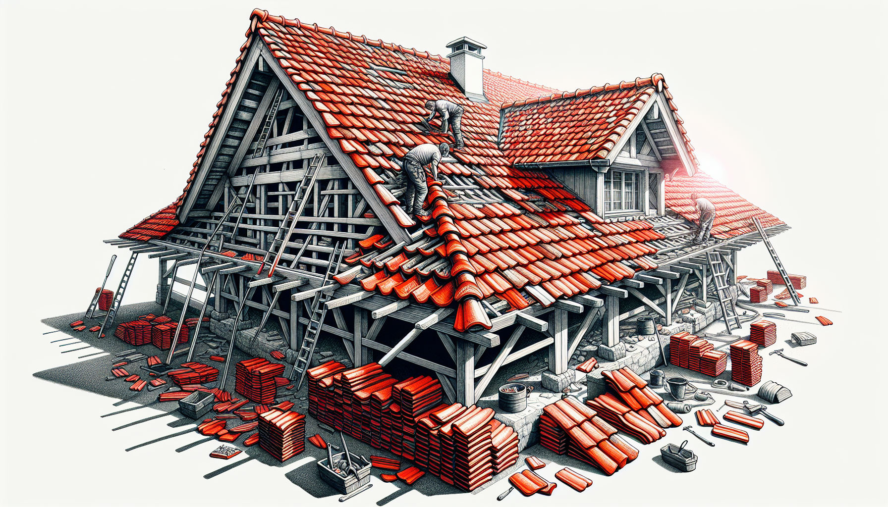 Illustration von Dachsanierung mit Dachziegeln und Dachlatten