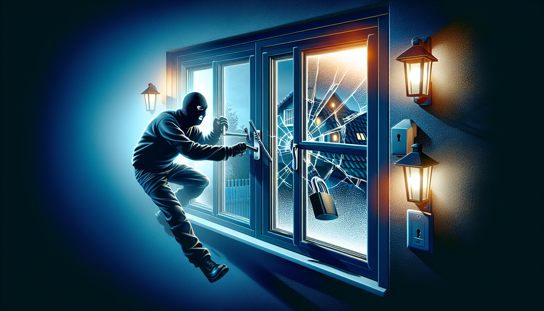 Illustration von Einbrechern, Fenstern und Sicherheitstechnik