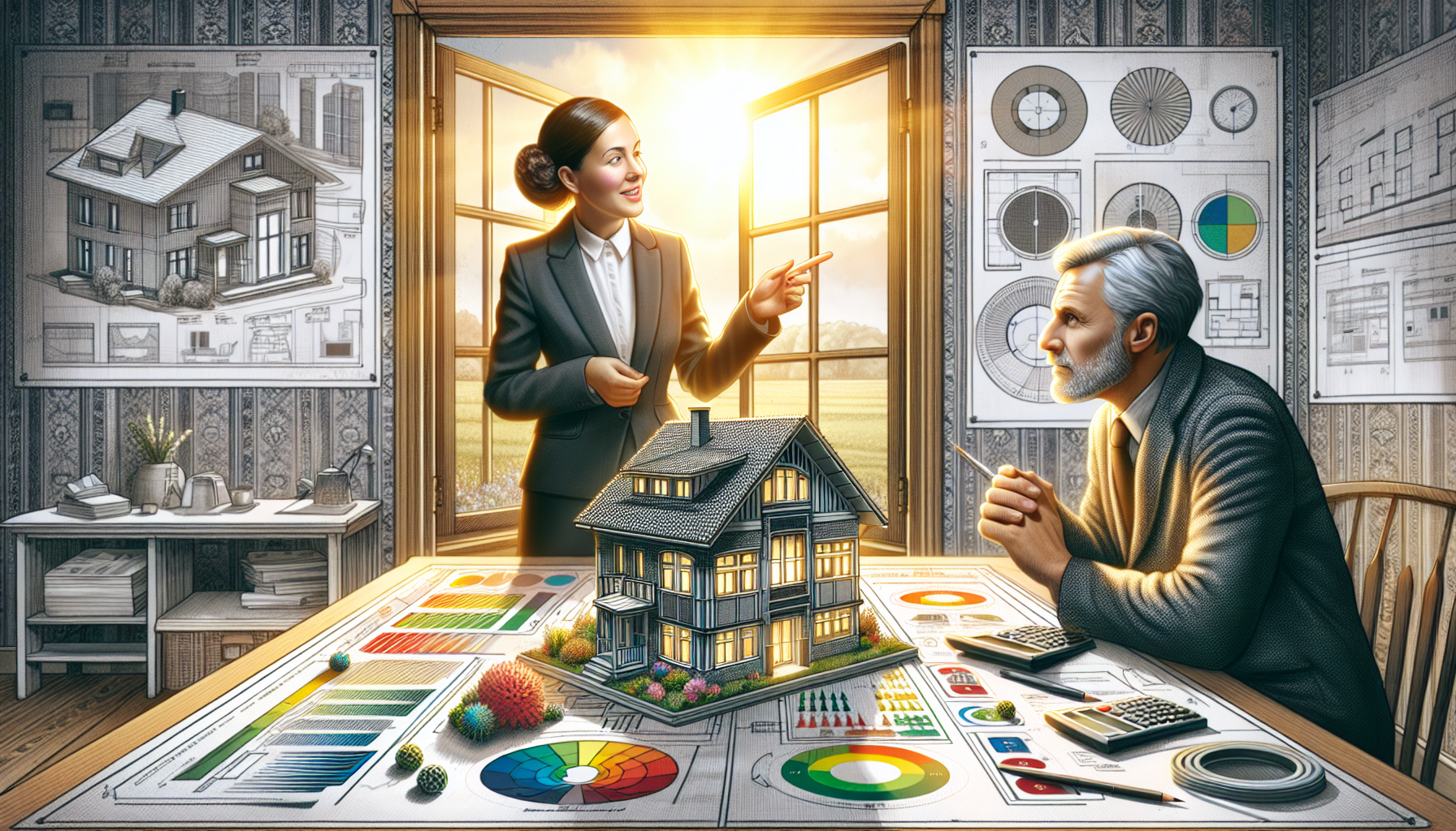 Illustration eines Energieberaters bei der Beratung zum Thema energetische Sanierung eines Hauses