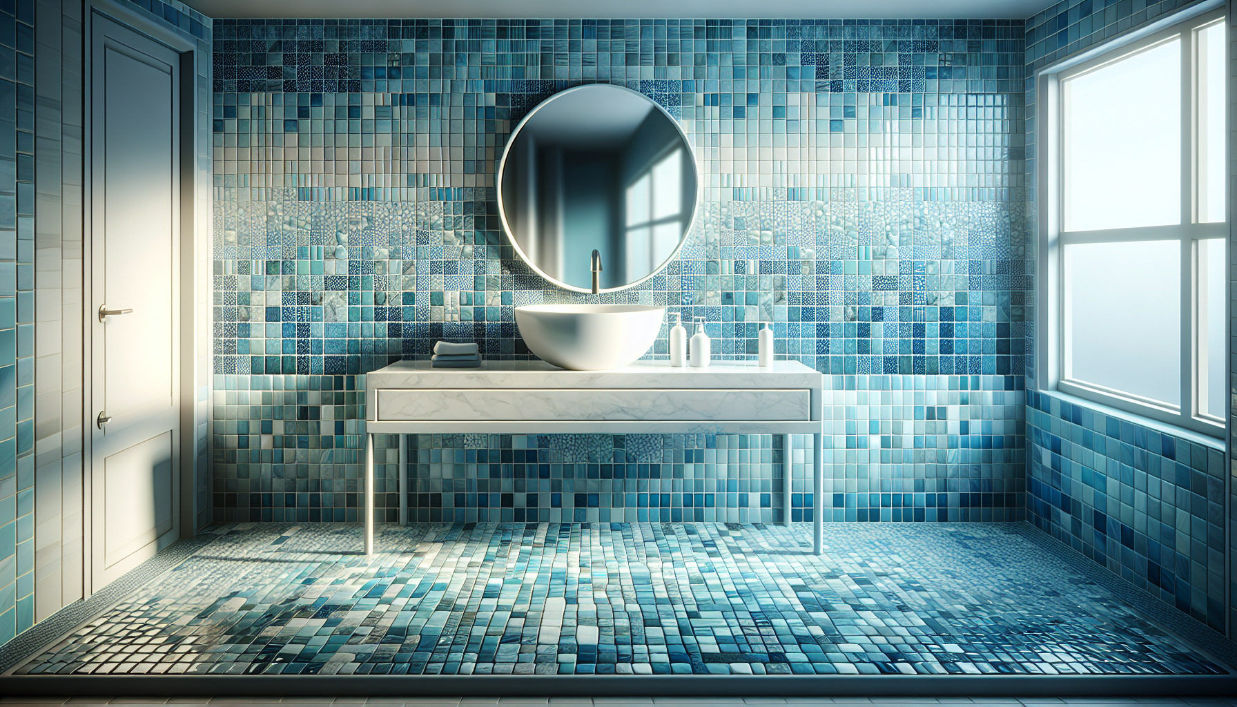 Eine entspannende blaue Badezimmerszene mit blauen Fliesen und einem Waschtisch