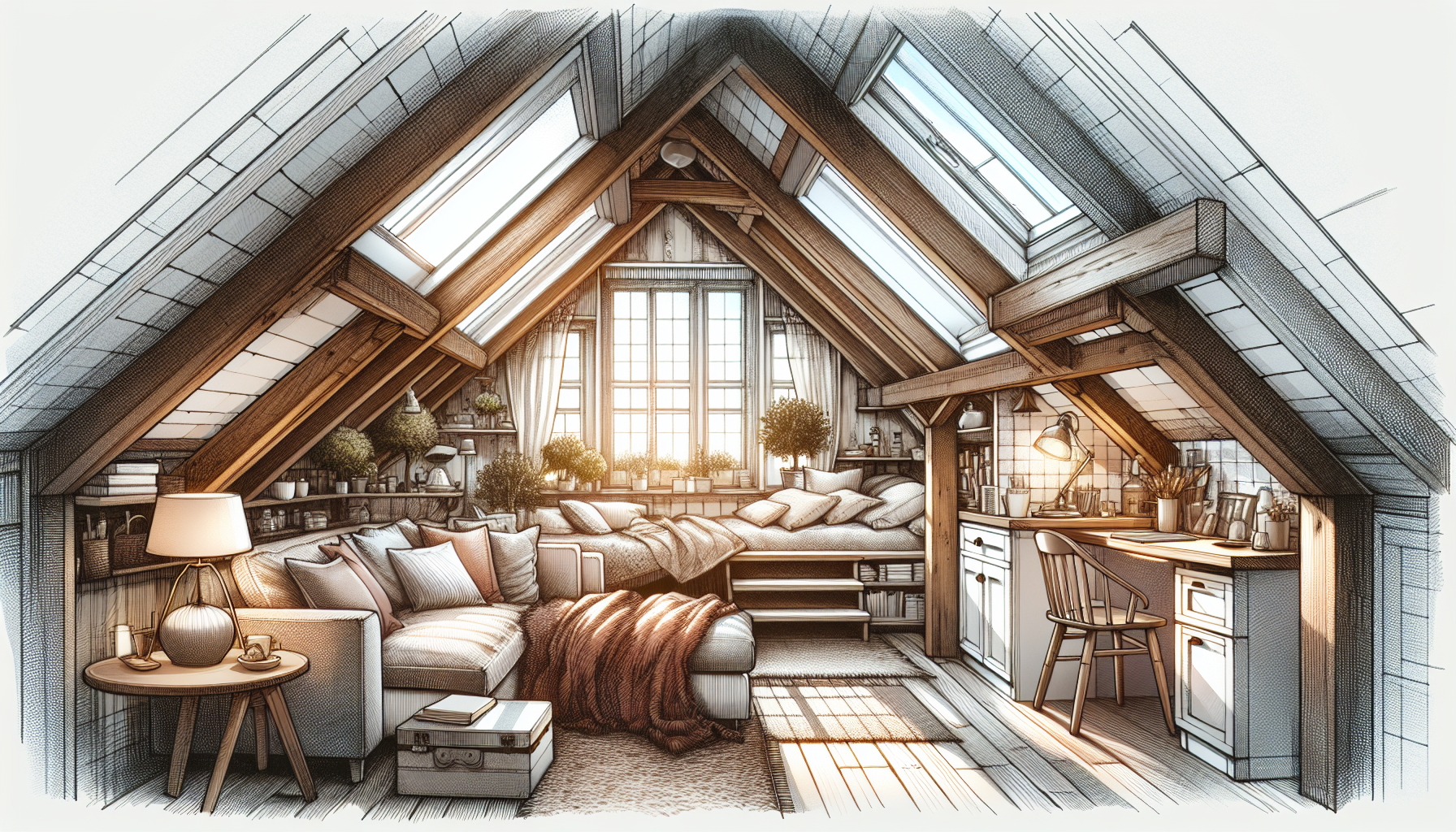 Illustration eines Dachgeschosses mit Dachgauben und Einbau von Wohnraum
