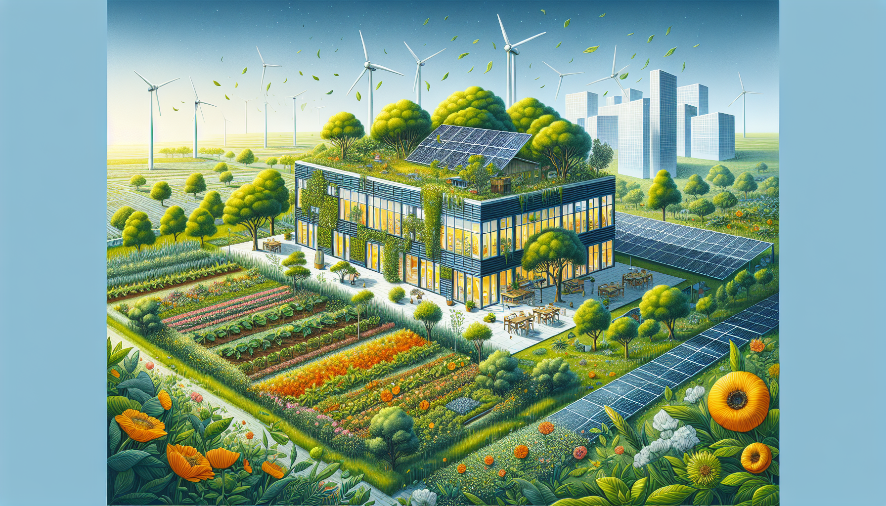 Illustration eines energetisch sanierten Gebäudes mit umgebenden Grünflächen