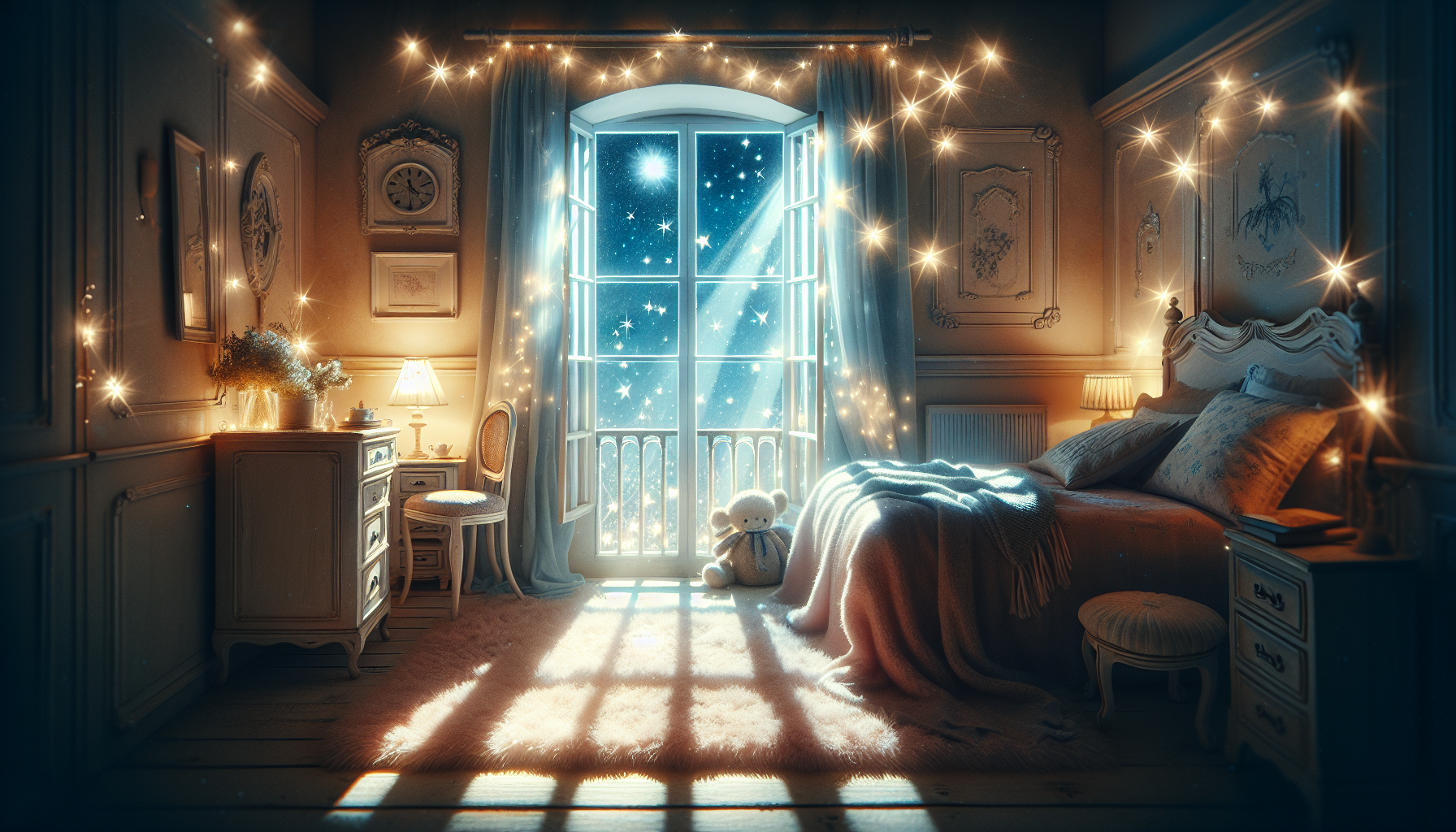 Romantische Atmosphäre unter dem Sternenhimmel durch Dachfenster im Schlafzimmer