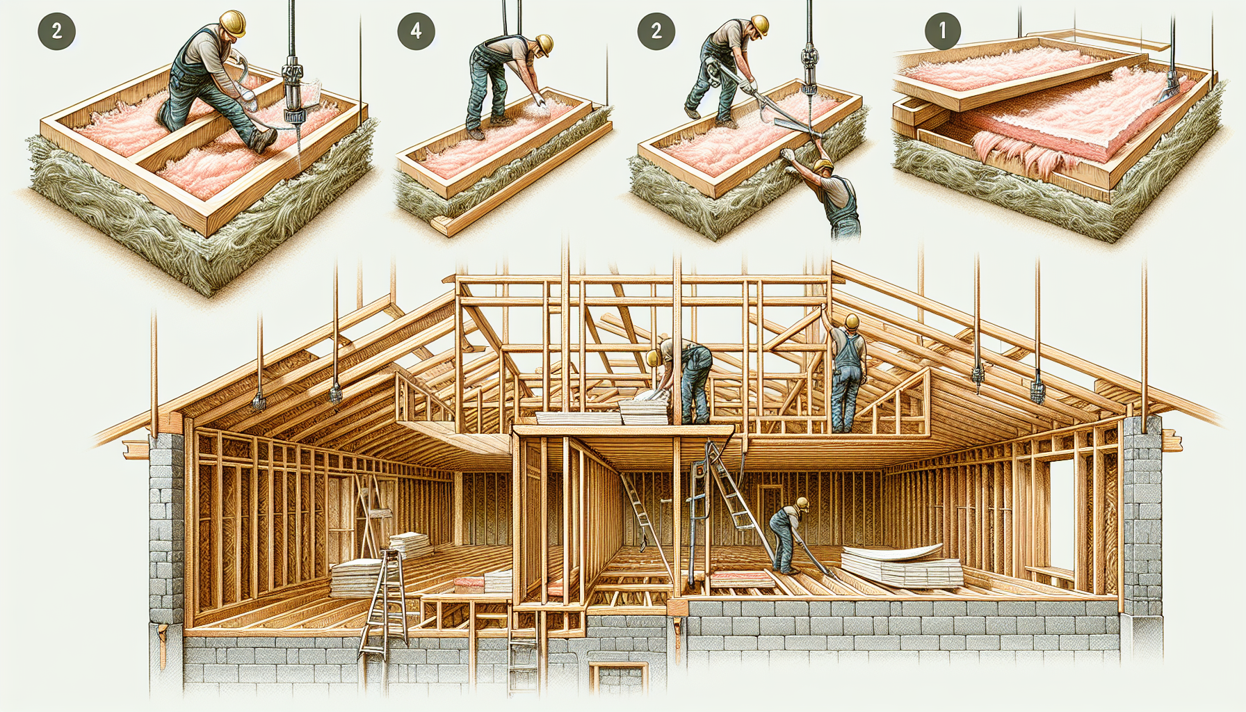 Schritt-für-Schritt-Anleitung zur Dämmung: Einbau von Dämmstoffen in eine Holzbalkendecke.