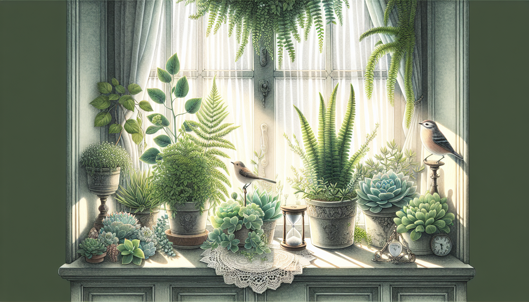 Pflanzen und Dekoration auf Fensterbank